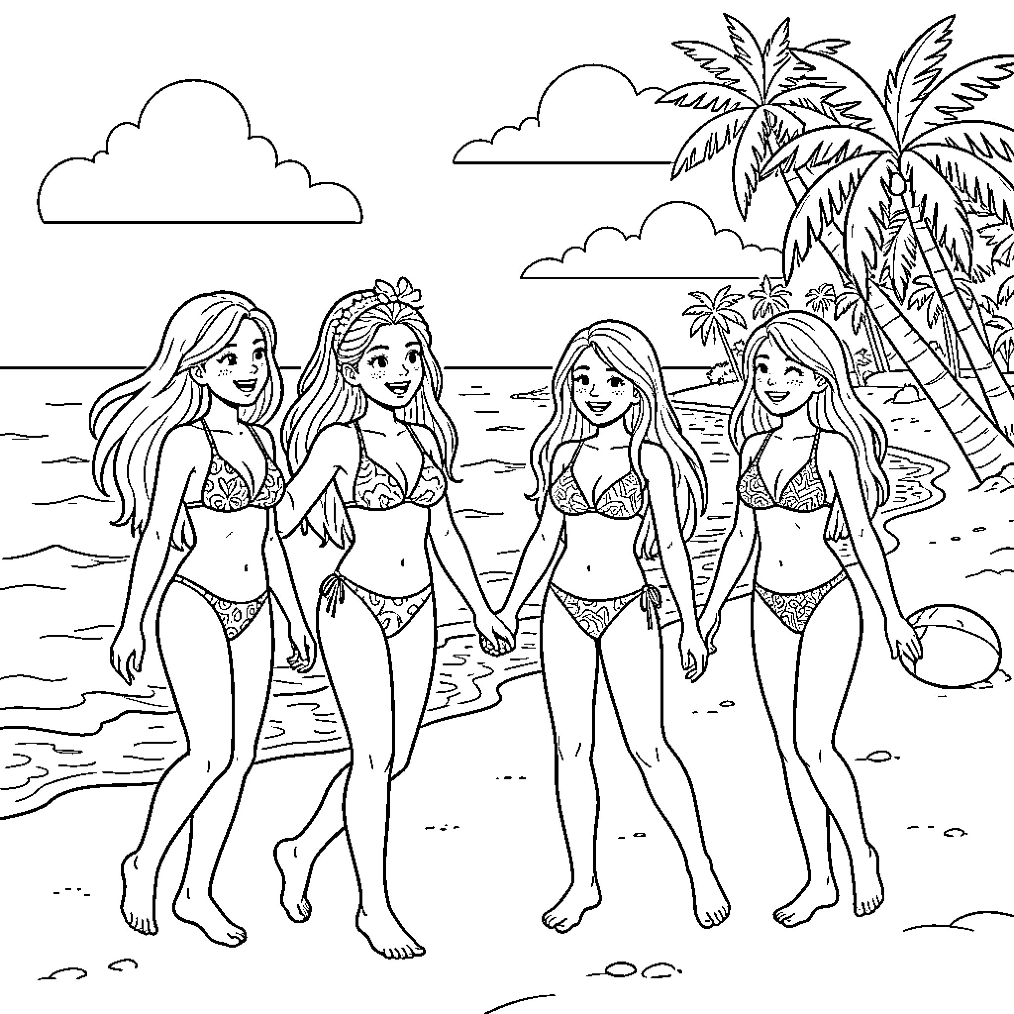 Girls enjoying a day at the beach Coloring Page (free black-and-white line drawing printable PDF for all, from beginners to advanced learners, including children, teens, adults, and seniors)
