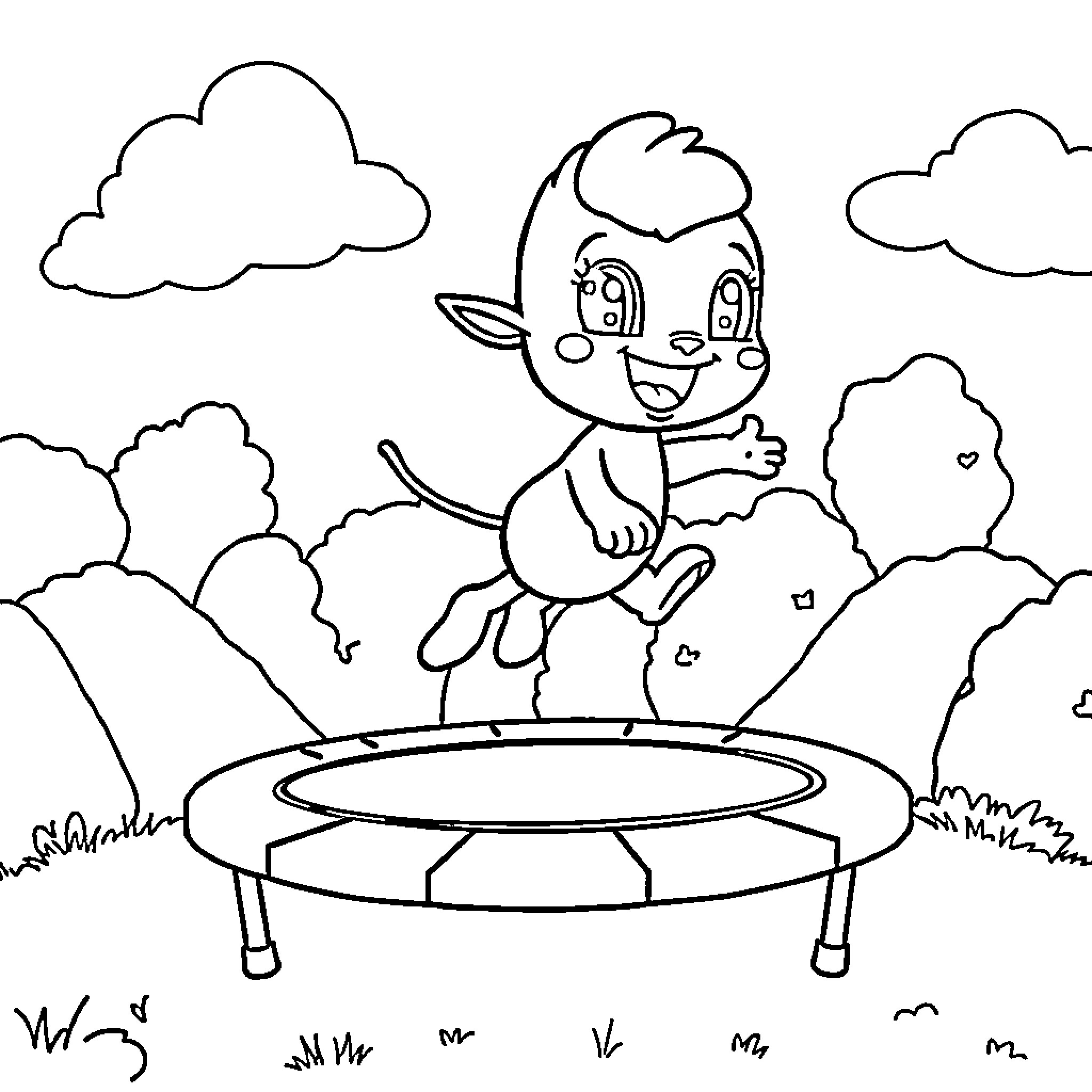 Wee Creature Joyfully Bouncing on Trampoline Coloring Page (free black-and-white line drawing printable PDF for all, from beginners to advanced learners, including children, teens, adults, and seniors)