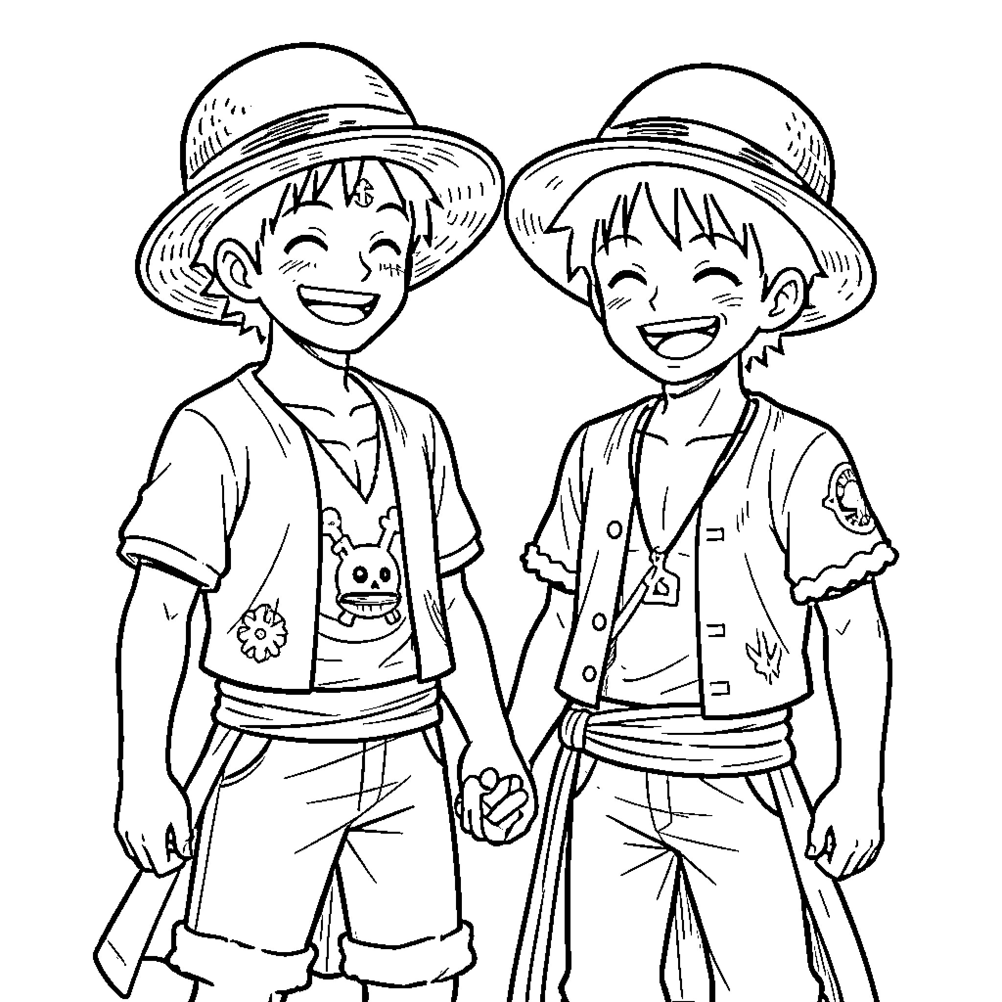 Ace and his companion laughing while holding hands Coloring Page (free black-and-white line drawing printable PDF for all, from beginners to advanced learners, including children, teens, adults, and seniors)