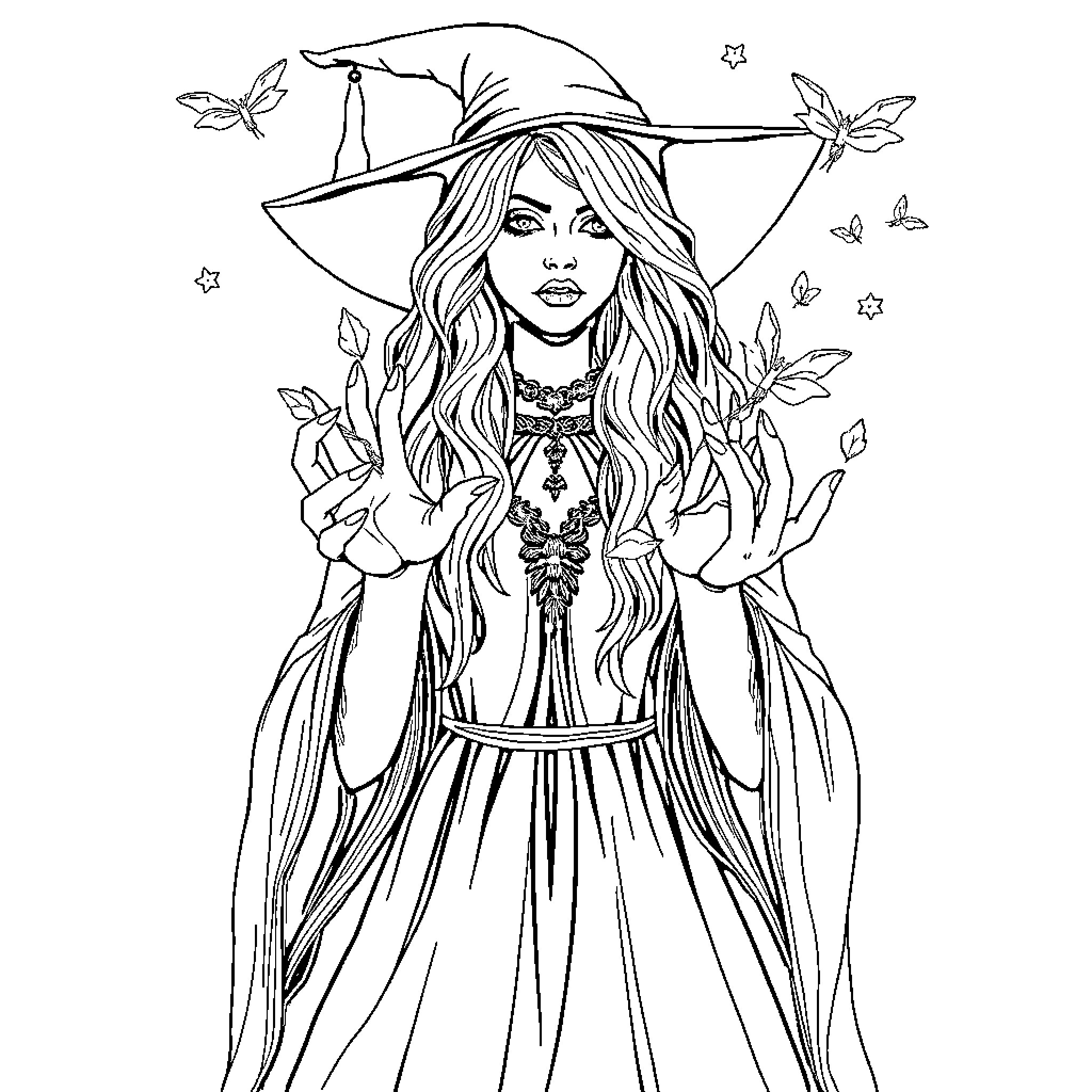 Sorcière in a Mystical Enchantment Coloring Page (free black-and-white line drawing printable PDF for all, from beginners to advanced learners, including children, teens, adults, and seniors)