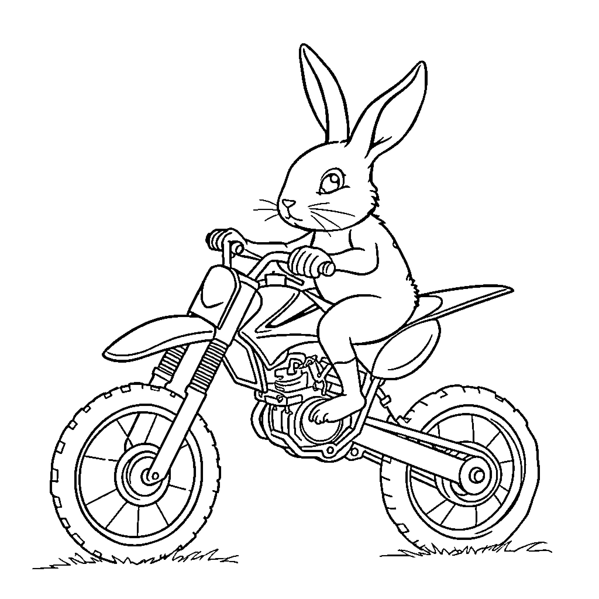 Rabbit riding a motocross bike Coloring Page (free black-and-white line drawing printable PDF for all, from beginners to advanced learners, including children, teens, adults, and seniors)