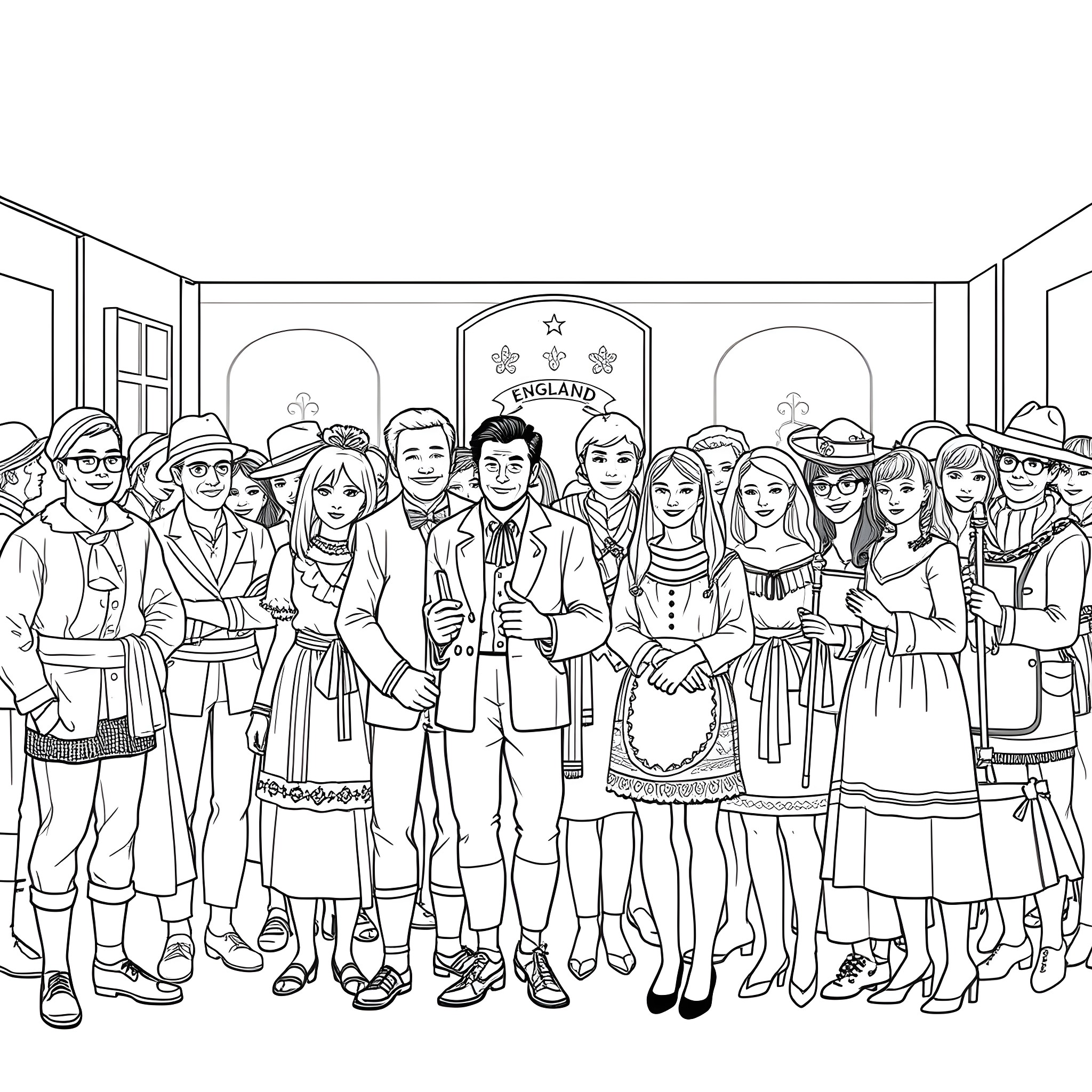 People in traditional ethnic costumes gathered together Coloring Page (free black-and-white line drawing printable PDF for all, from beginners to advanced learners, including children, teens, adults, and seniors)