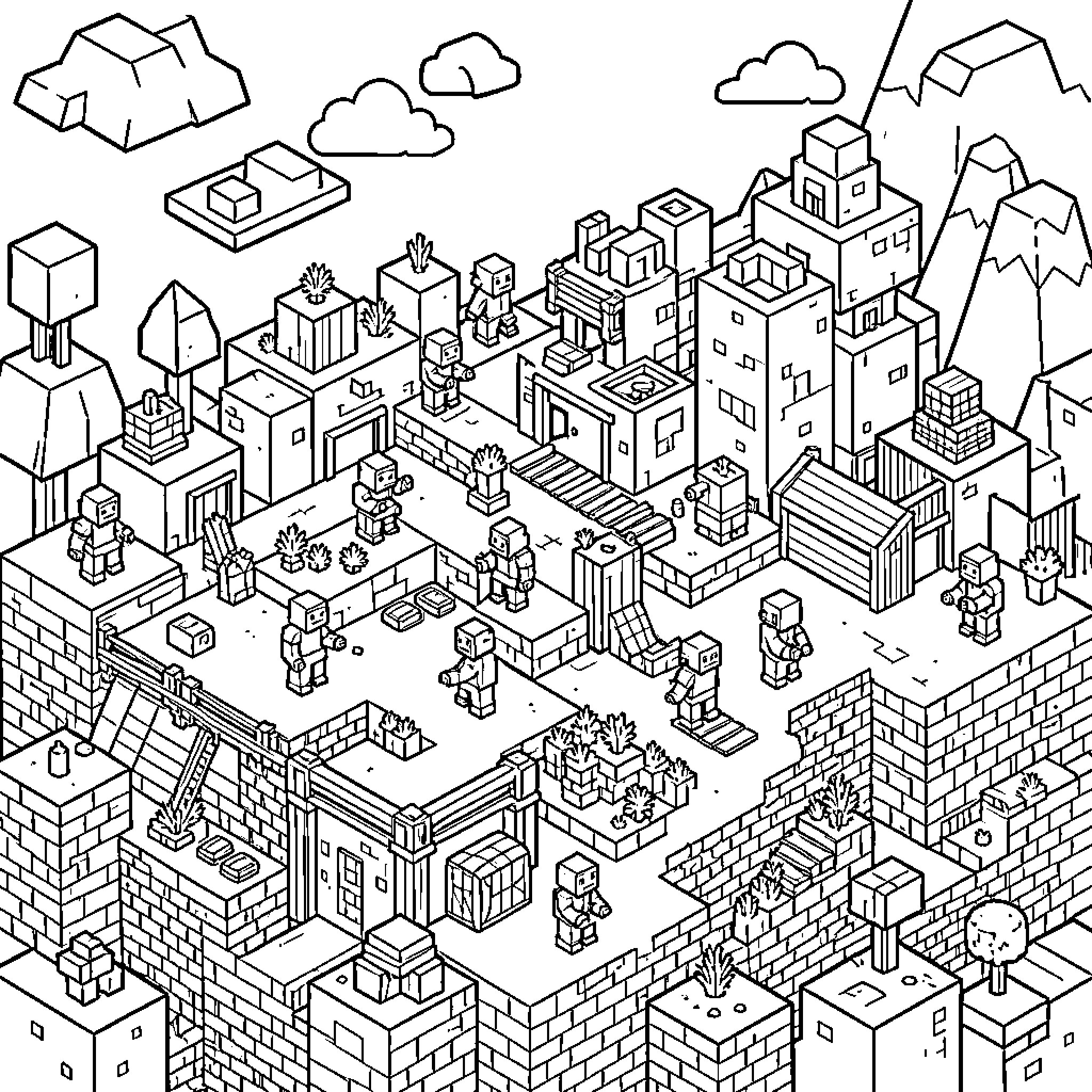 Minecraft characters exploring a vast blocky village landscape Coloring Page (free black-and-white line drawing printable PDF for all, from beginners to advanced learners, including children, teens, adults, and seniors)