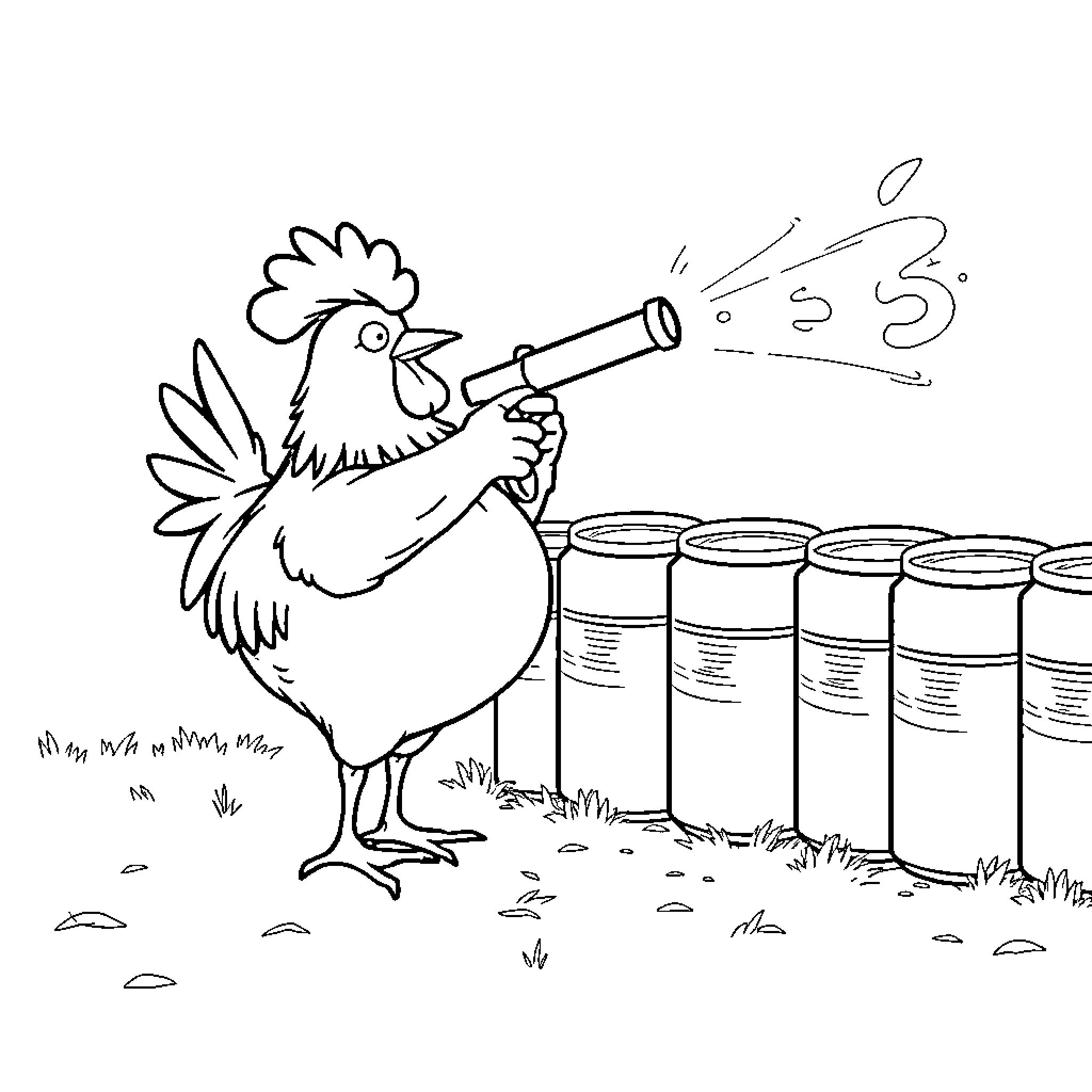 Chicken looking through a telescope at some cans Coloring Page (free black-and-white line drawing printable PDF for all, from beginners to advanced learners, including children, teens, adults, and seniors)