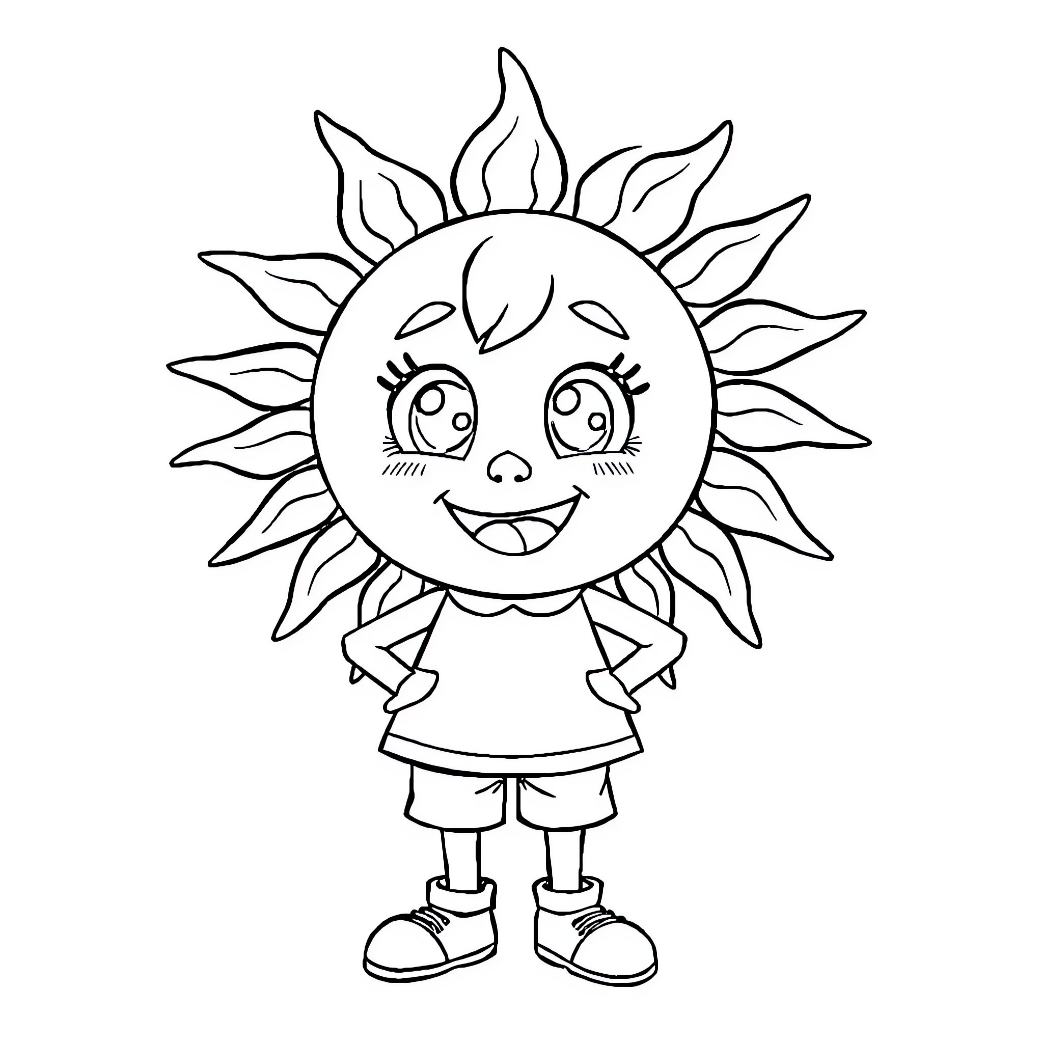 Zonnic Smiling Sun Character with Cheerful Expression Coloring Page (free black-and-white line drawing printable PDF for all, from beginners to advanced learners, including children, teens, adults, and seniors)