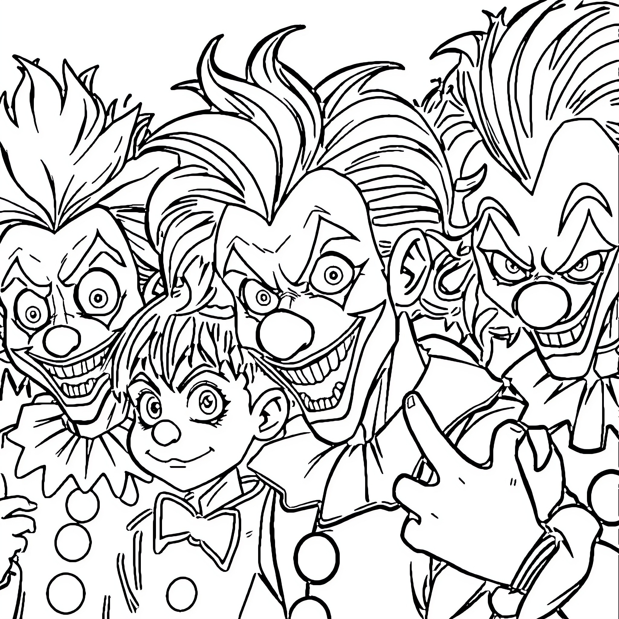 Clown Carnival: Lively Expressions and Whimsical Outfits Coloring Page (free black-and-white line drawing printable PDF for all, from beginners to advanced learners, including children, teens, adults, and seniors)