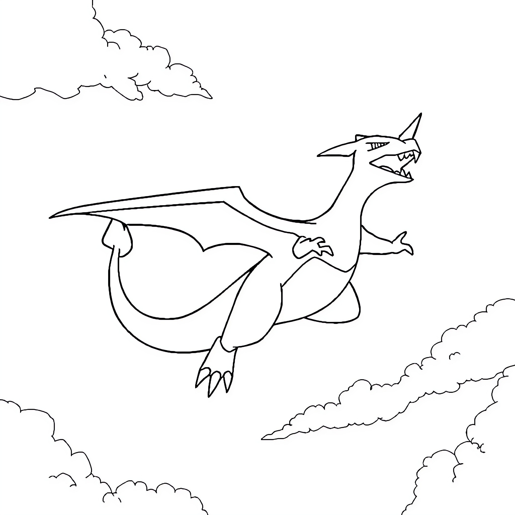 Charizard soaring through the cloudy sky Coloring Page (free black-and-white line drawing printable PDF for all, from beginners to advanced learners, including children, teens, adults, and seniors)