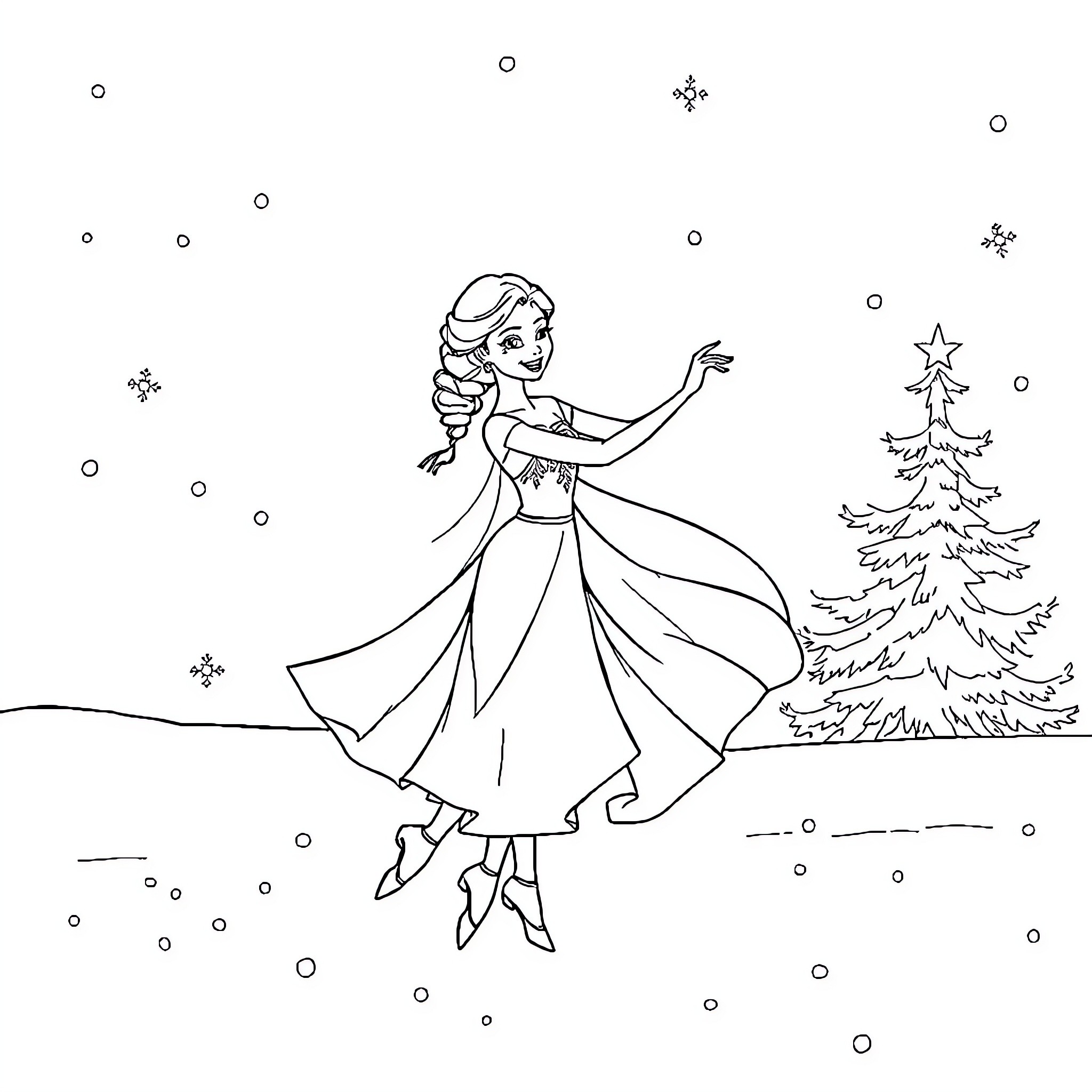 Ballerina dancing gracefully in a winter wonderland Coloring Page (free black-and-white line drawing printable PDF for all, from beginners to advanced learners, including children, teens, adults, and seniors)