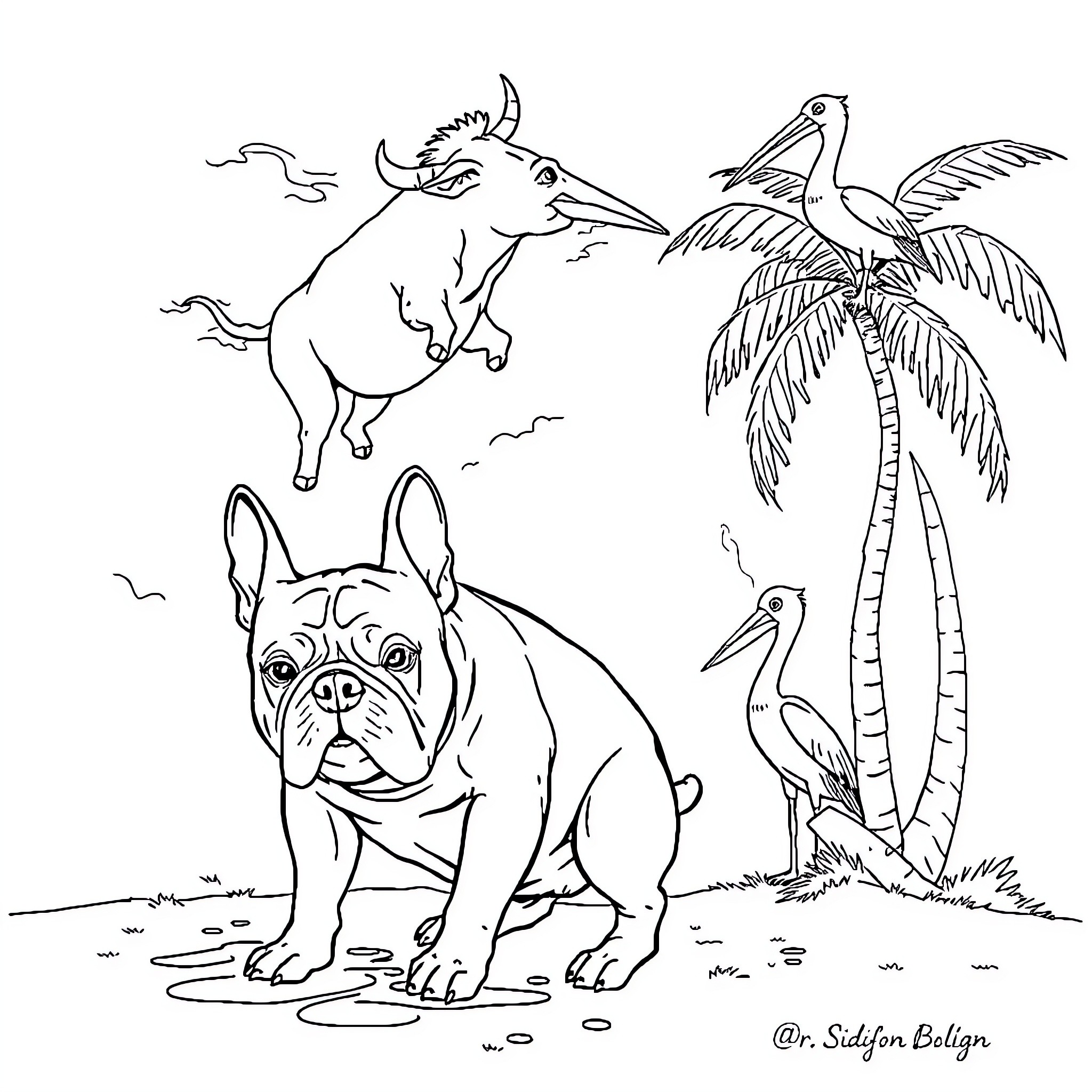 French Bulldog enjoying tropical scenery with birds Coloring Page (free black-and-white line drawing printable PDF for all, from beginners to advanced learners, including children, teens, adults, and seniors)