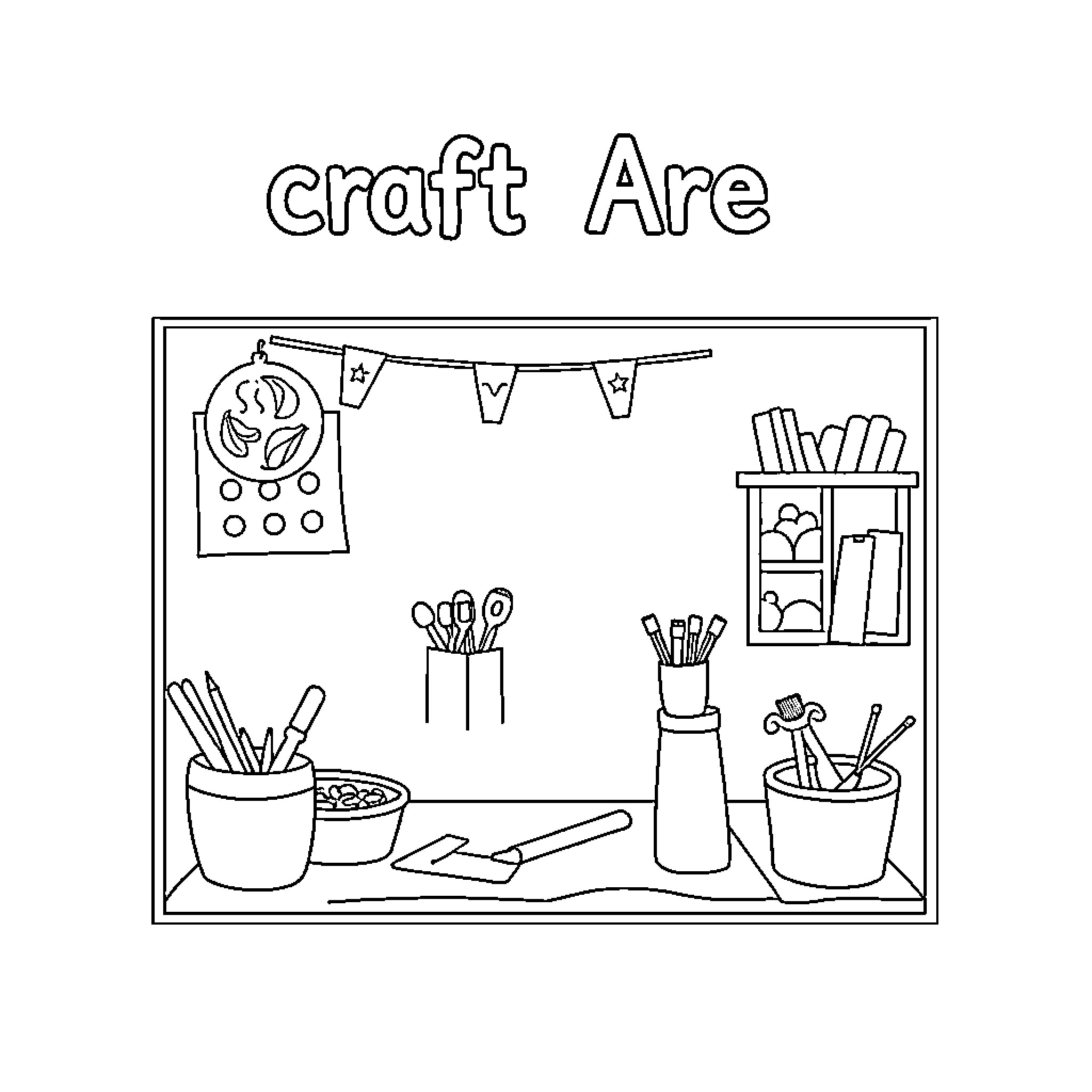 Craft Area with Organized Supplies and Tools Coloring Page (free black-and-white line drawing printable PDF for all, from beginners to advanced learners, including children, teens, adults, and seniors)