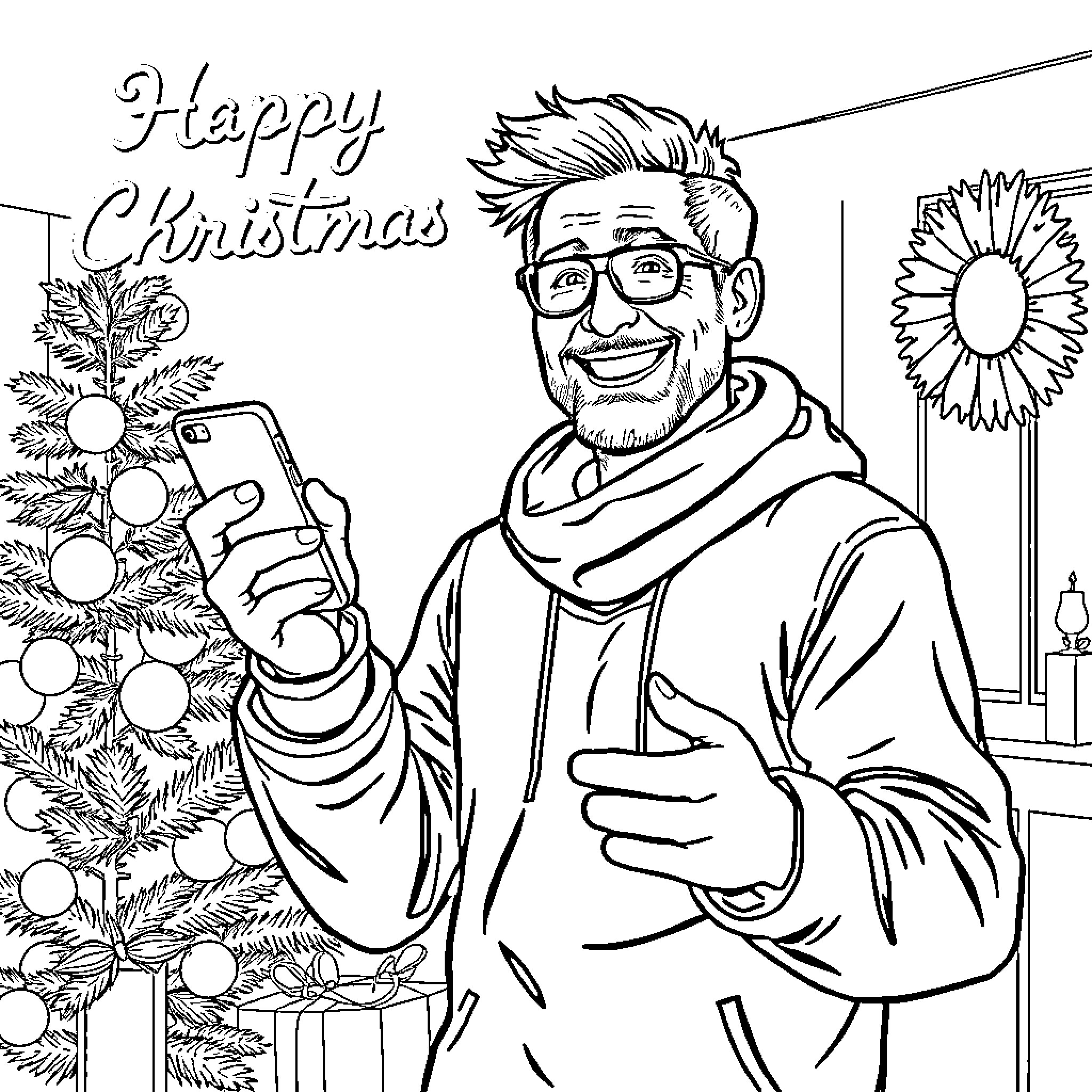 Man taking selfie with Christmas tree and sunflower Coloring Page (free black-and-white line drawing printable PDF for all, from beginners to advanced learners, including children, teens, adults, and seniors)