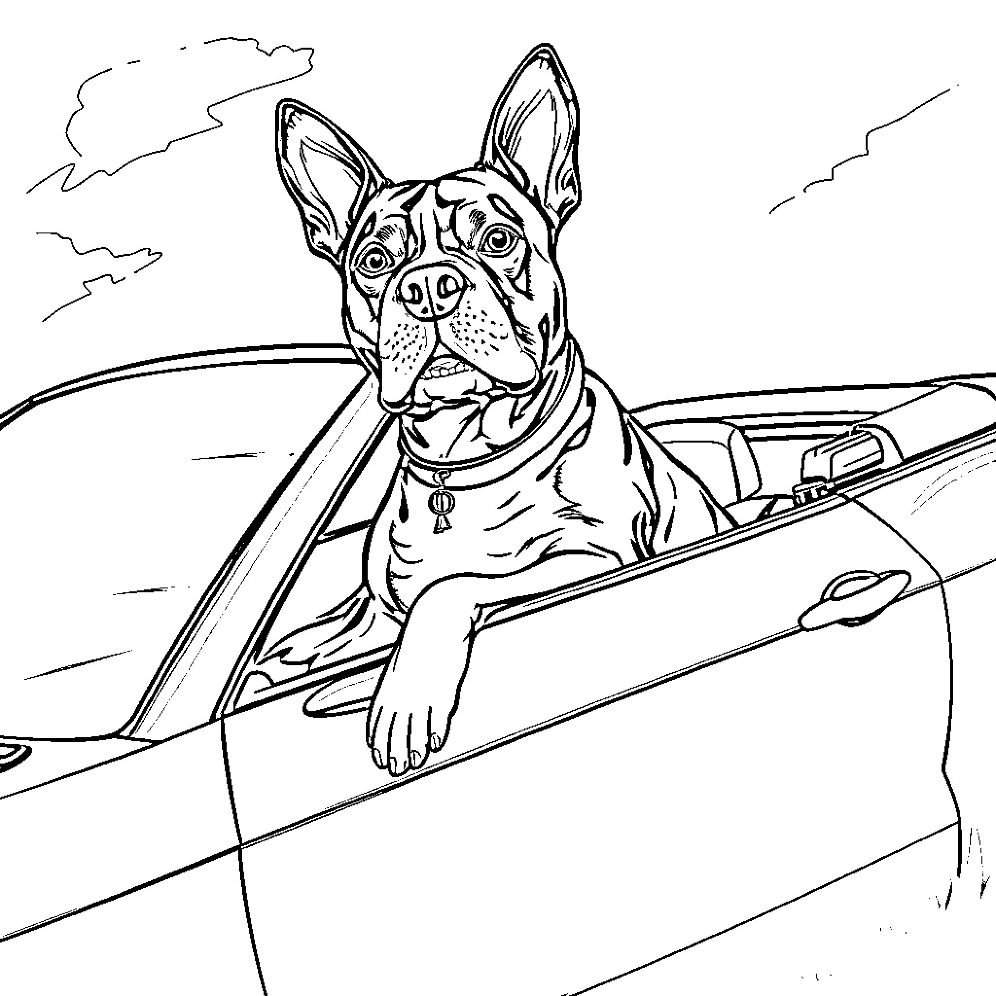 American Staffordshire Terrier Looking Out Car Window Coloring Page (free black-and-white line drawing printable PDF for all, from beginners to advanced learners, including children, teens, adults, and seniors)