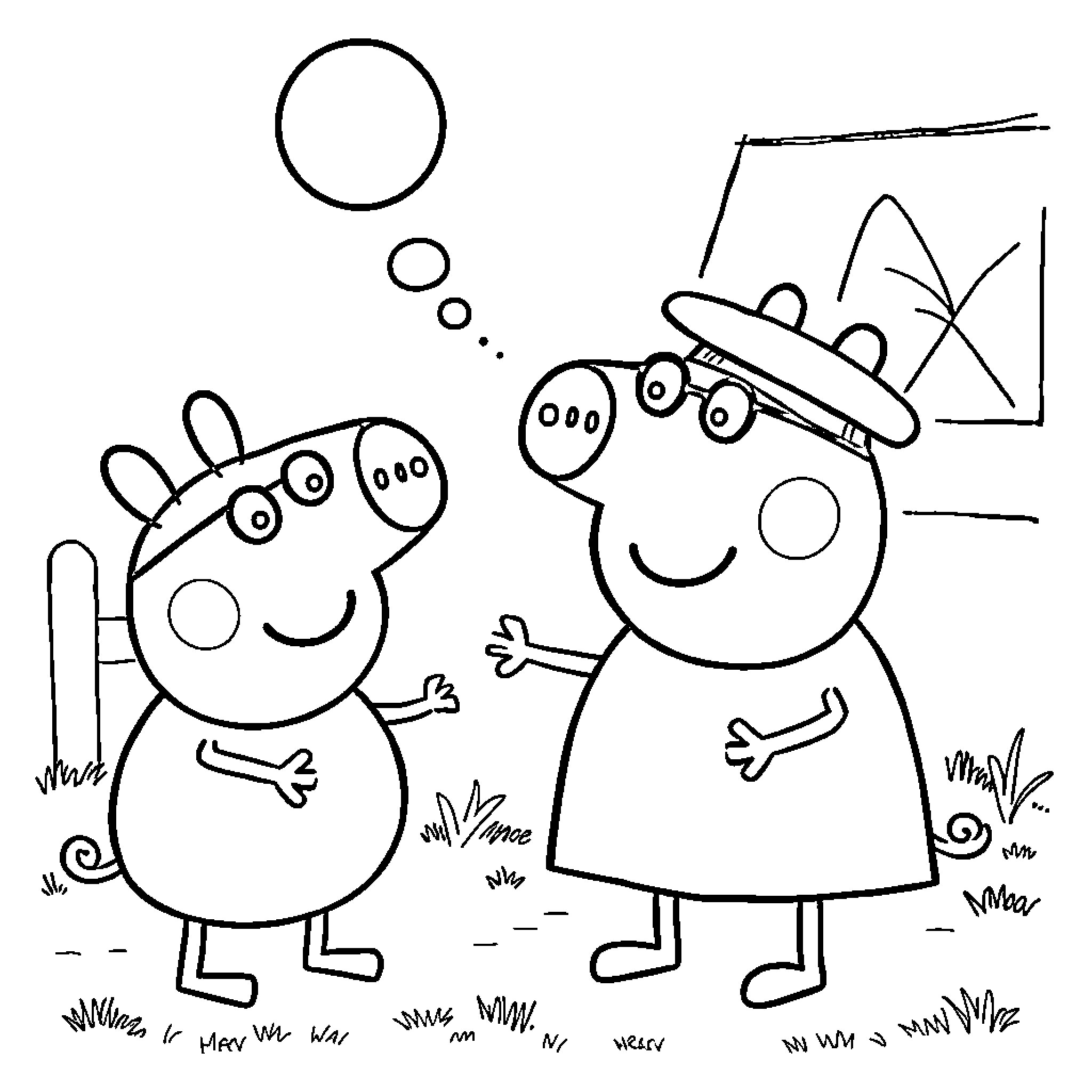 Peppa Pig and friends enjoying outdoor activities Coloring Page (free black-and-white line drawing printable PDF for all, from beginners to advanced learners, including children, teens, adults, and seniors)