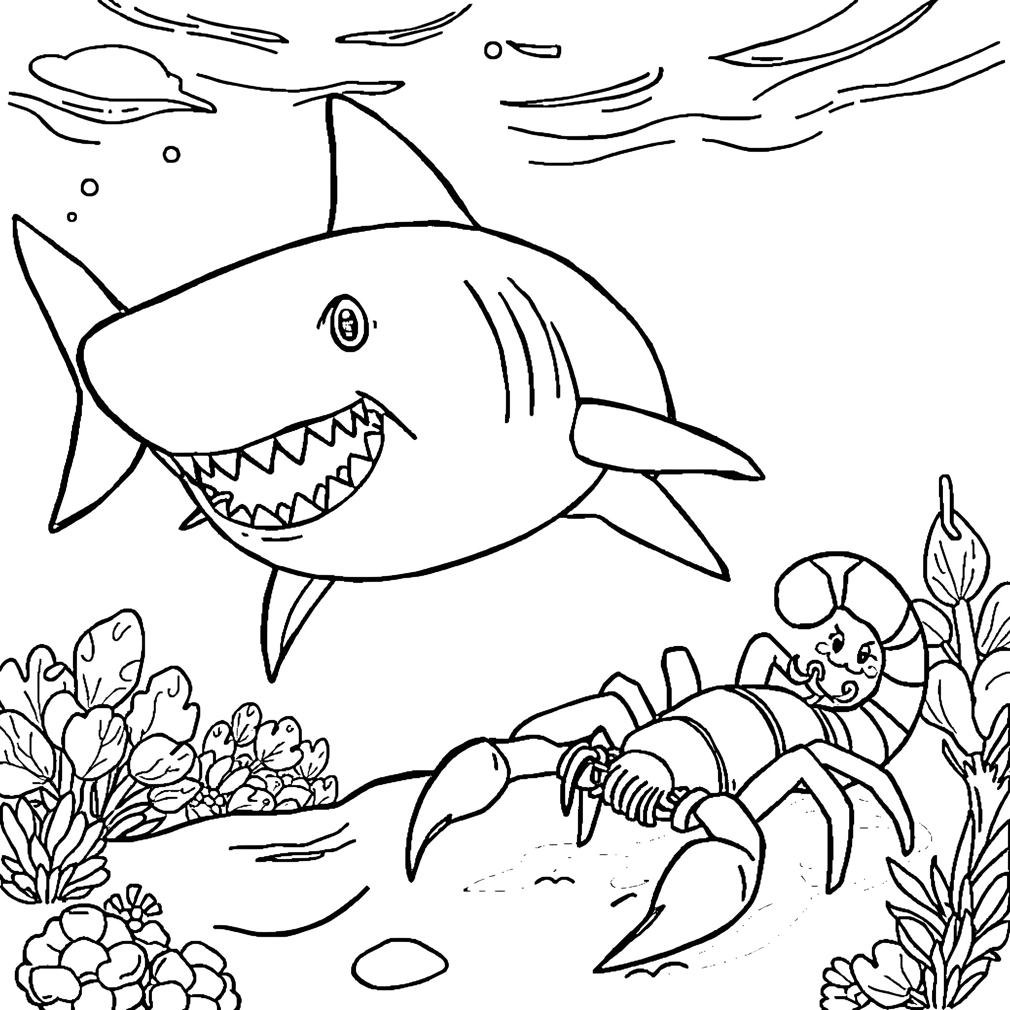 Shark chasing a crab in the ocean Coloring Page (free black-and-white line drawing printable PDF for all, from beginners to advanced learners, including children, teens, adults, and seniors)