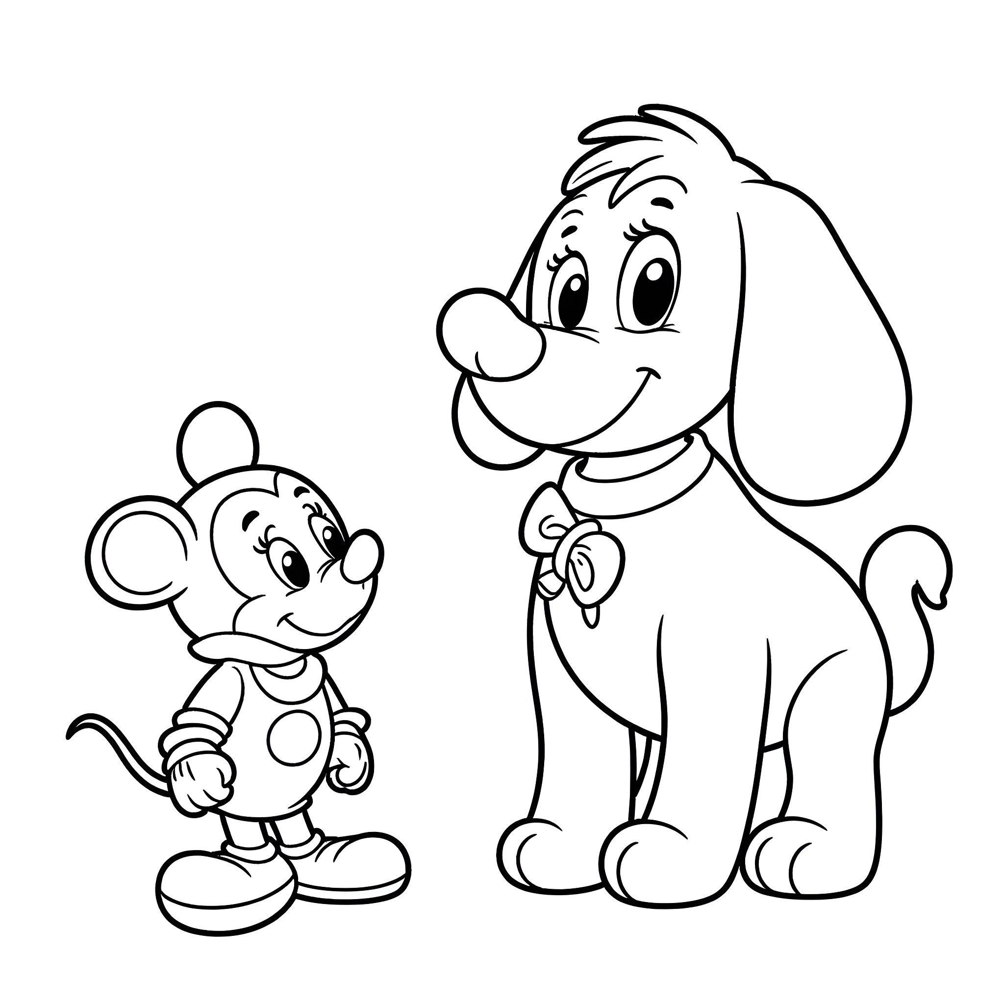 Minnie Mouse and her dog friend Coloring Page (free black-and-white line drawing printable PDF for all, from beginners to advanced learners, including children, teens, adults, and seniors)