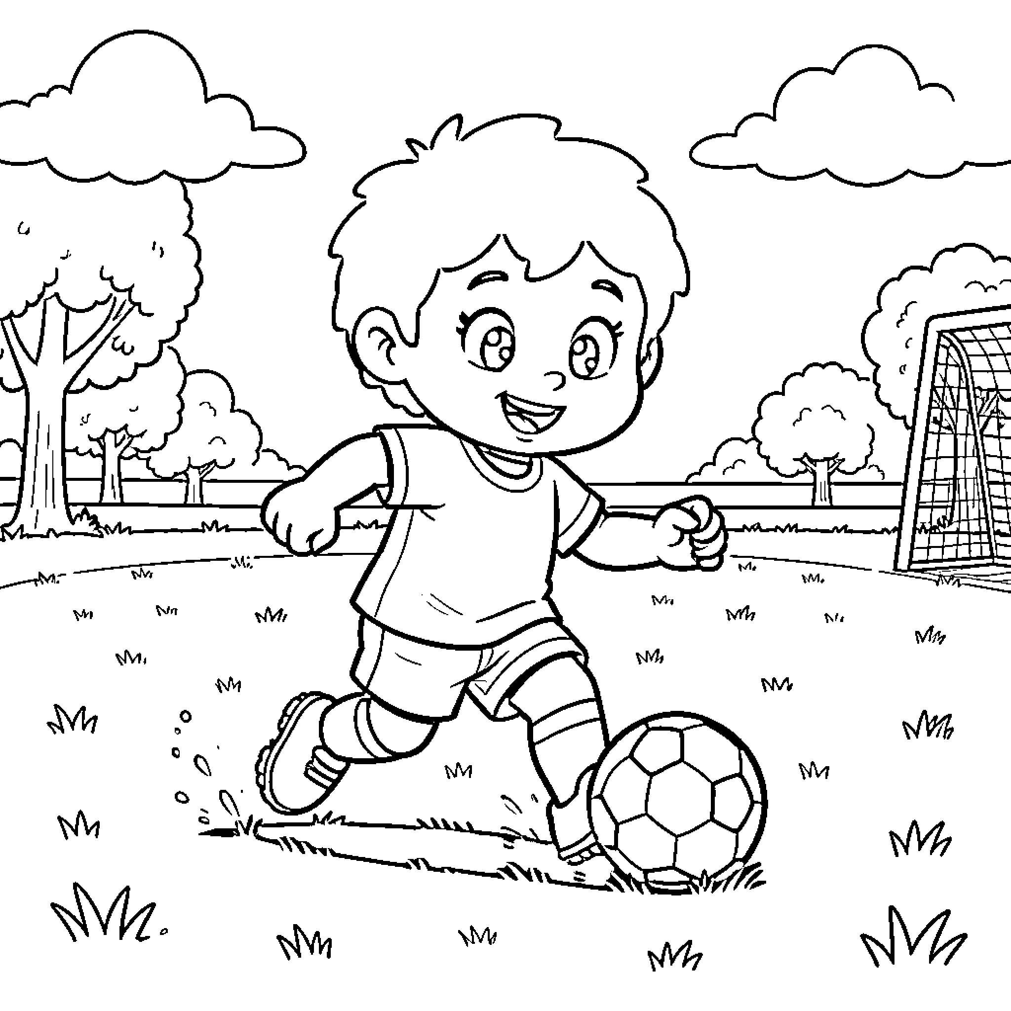 Chico Bon Bon playing soccer in a grassy field Coloring Page (free black-and-white line drawing printable PDF for all, from beginners to advanced learners, including children, teens, adults, and seniors)