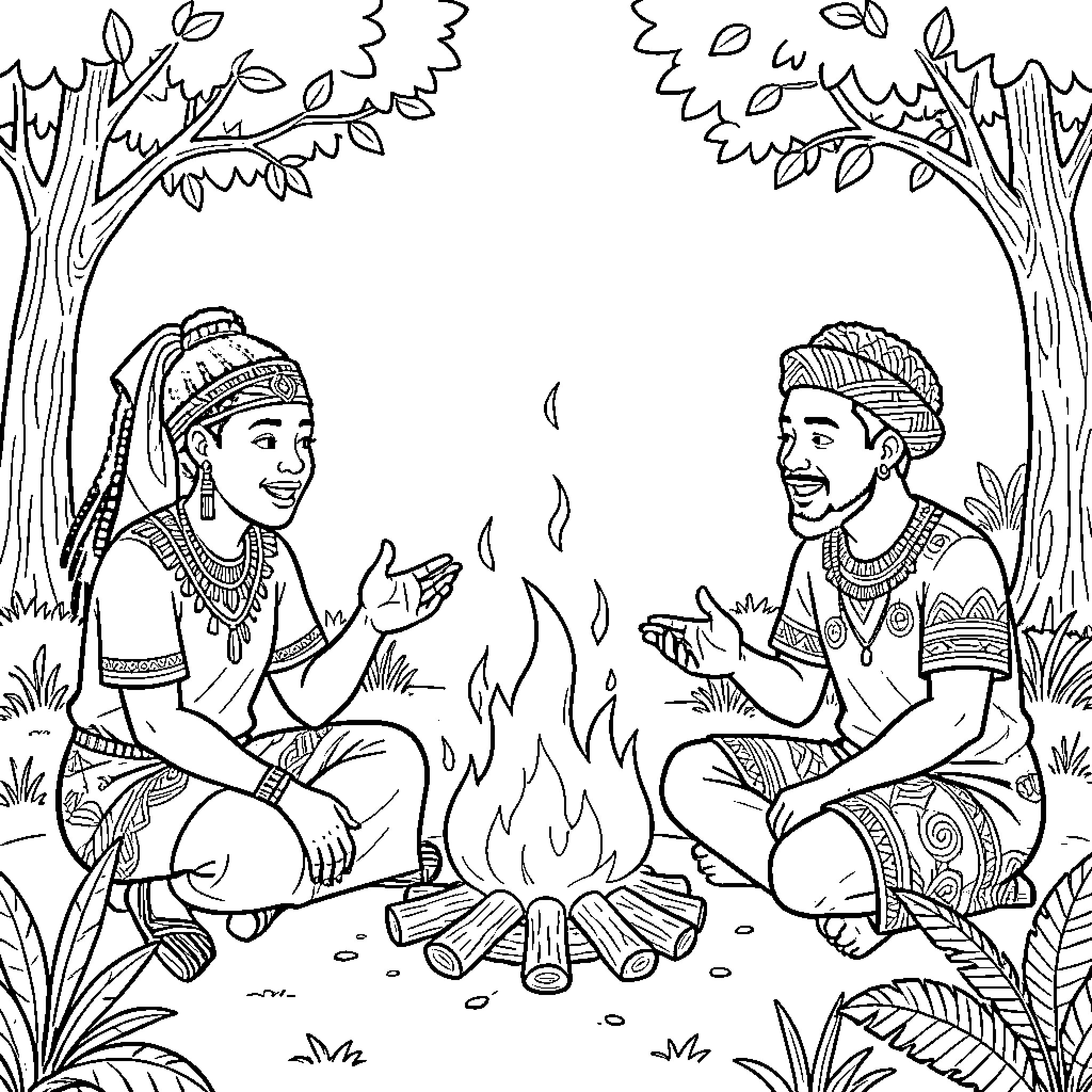 African Story of people sharing tales by a campfire Coloring Page (free black-and-white line drawing printable PDF for all, from beginners to advanced learners, including children, teens, adults, and seniors)