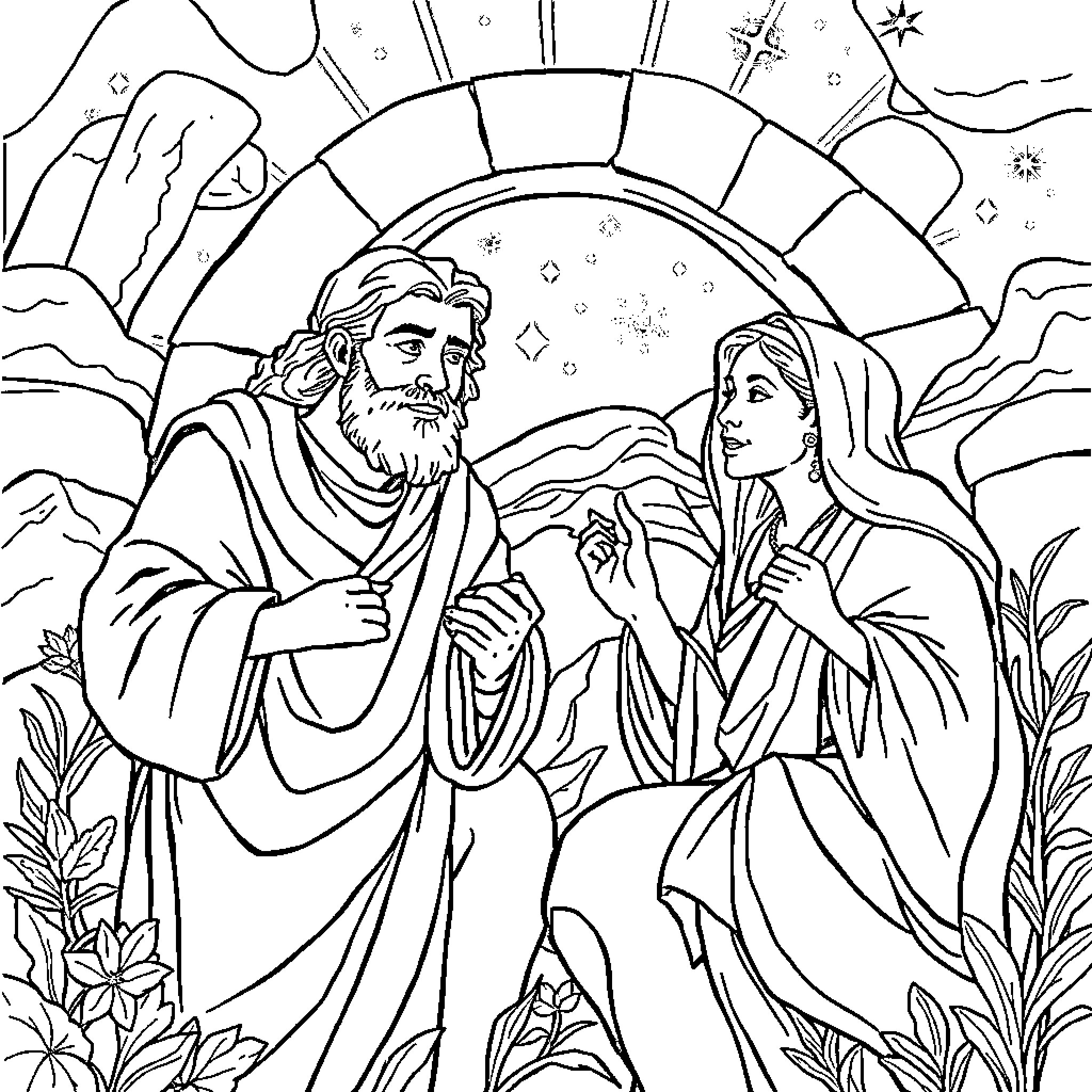 Bible Stories: Old Man and Woman in Pastoral Setting Coloring Page (free black-and-white line drawing printable PDF for all, from beginners to advanced learners, including children, teens, adults, and seniors)