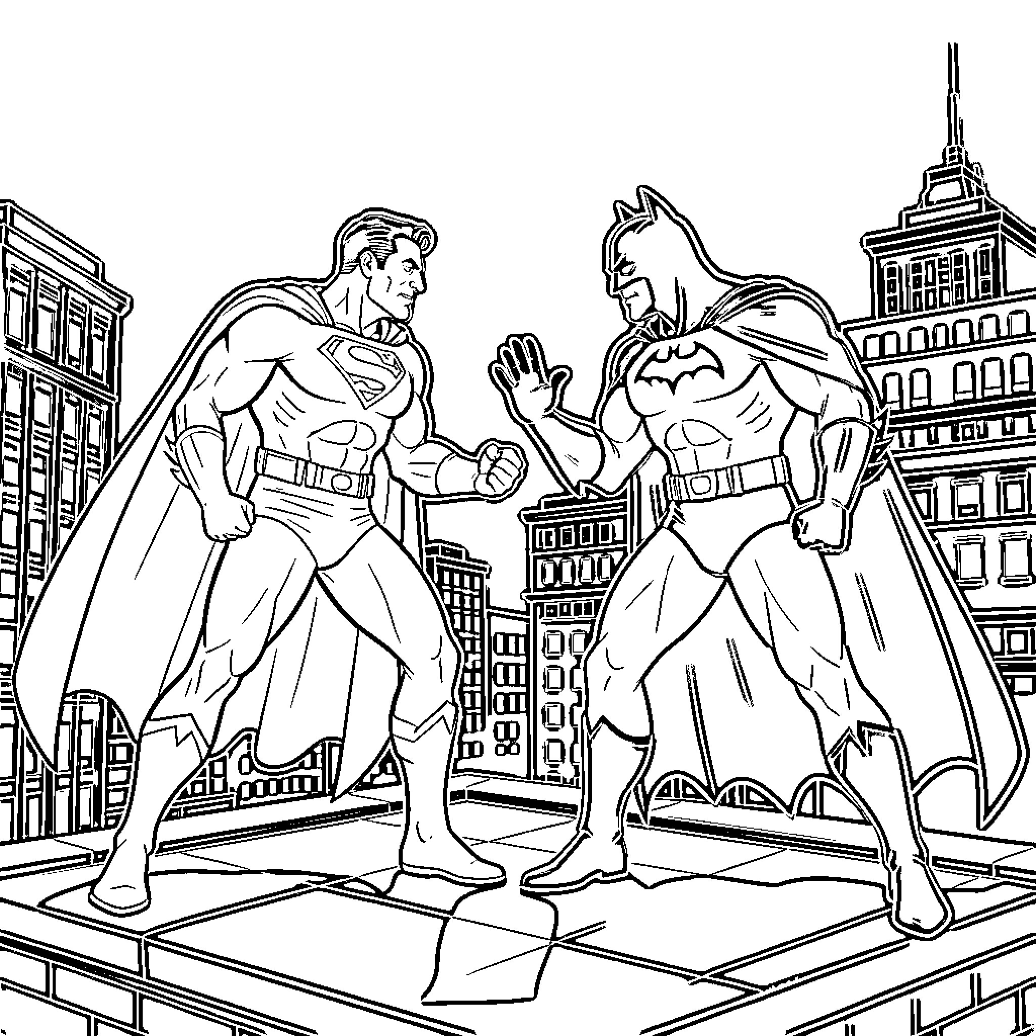 Superman facing off against Batman on a rooftop Coloring Page (free black-and-white line drawing printable PDF for all, from beginners to advanced learners, including children, teens, adults, and seniors)