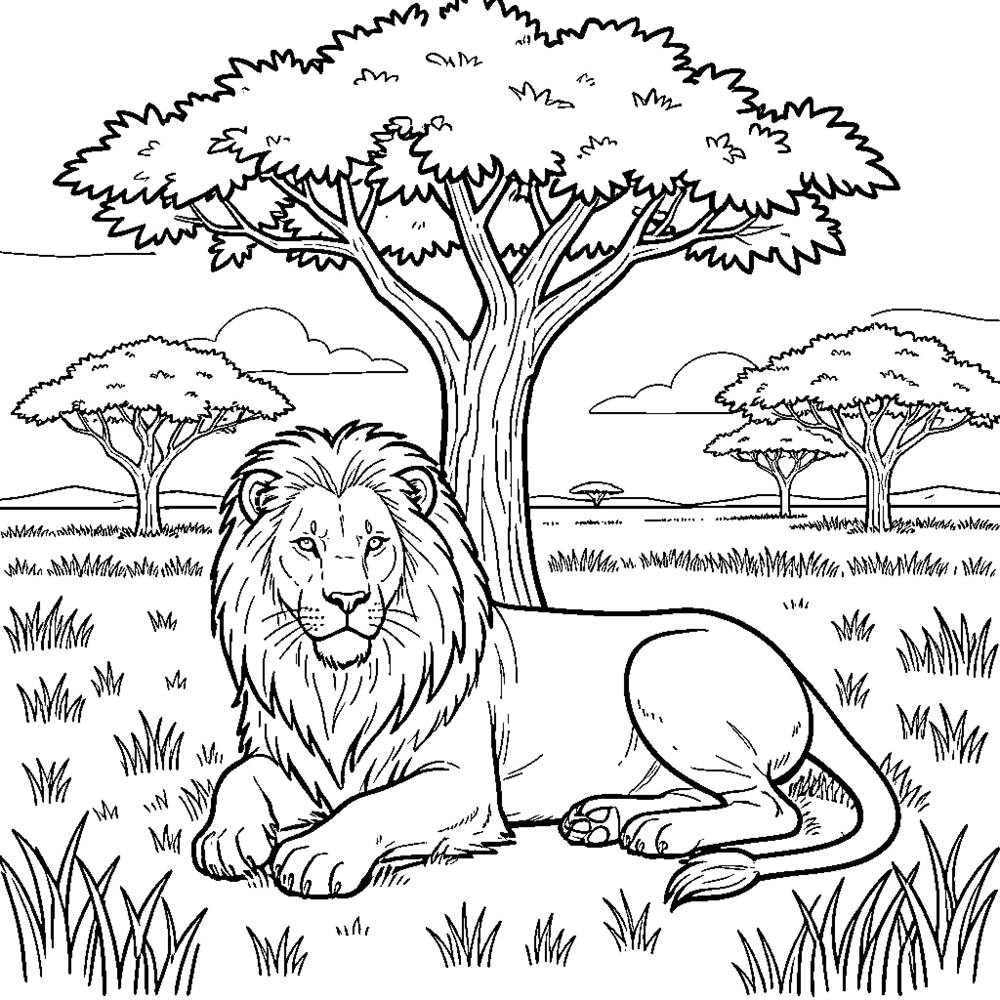 Lion resting peacefully under a large tree Coloring Page (free black-and-white line drawing printable PDF for all, from beginners to advanced learners, including children, teens, adults, and seniors)