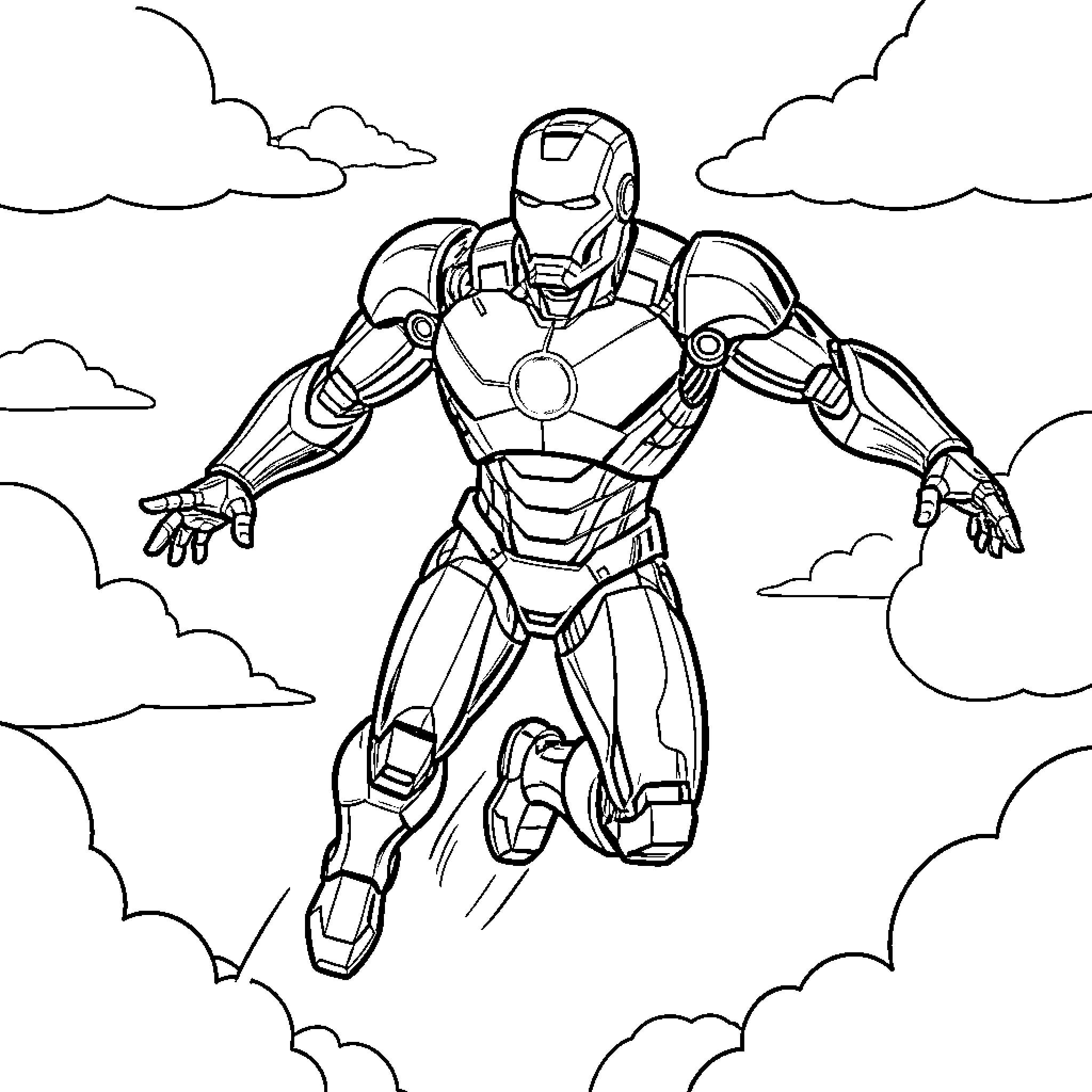 Iron Man flying through the clouds in armor Coloring Page (free black-and-white line drawing printable PDF for all, from beginners to advanced learners, including children, teens, adults, and seniors)