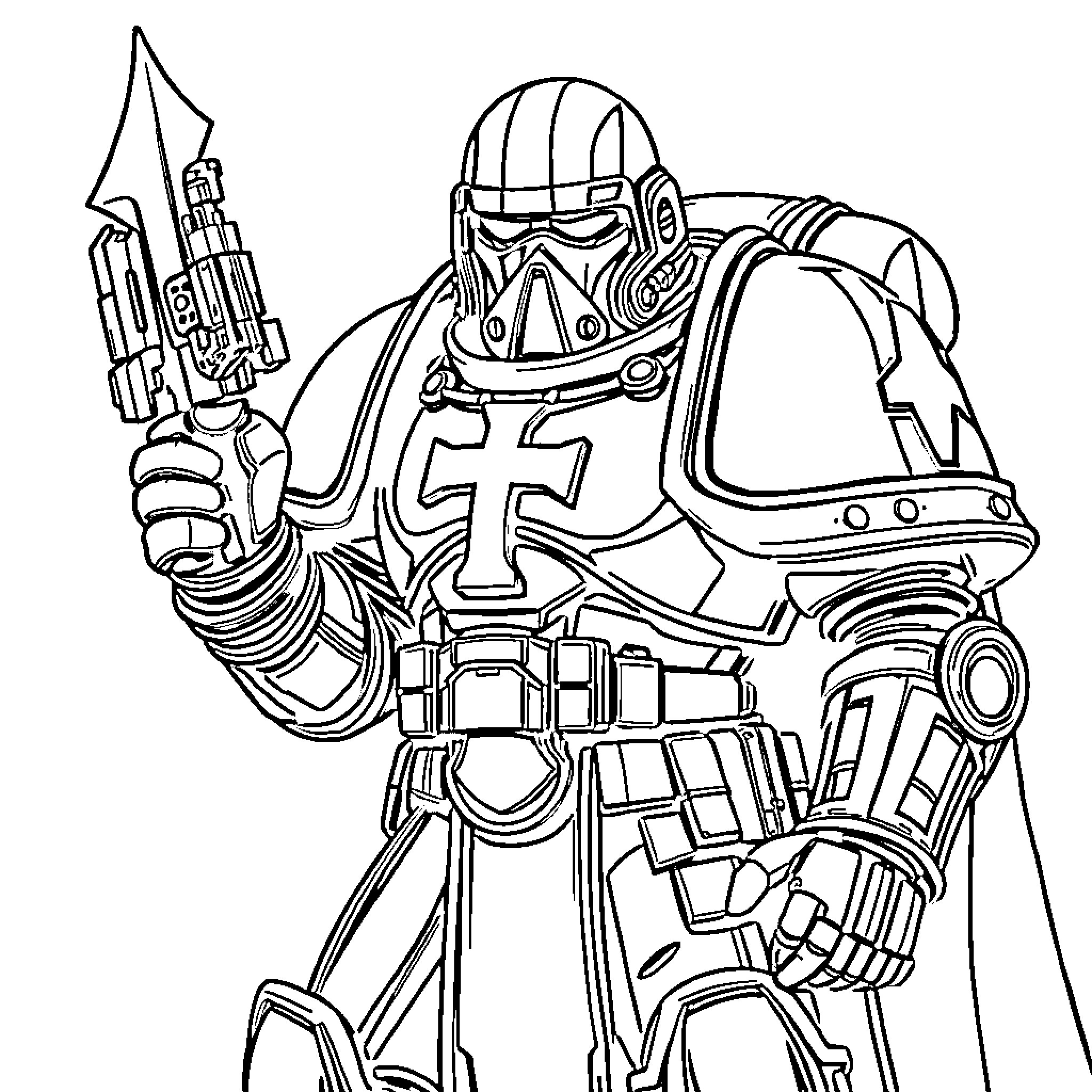 Templar Knight in Armored Battle Stance Coloring Page (free black-and-white line drawing printable PDF for all, from beginners to advanced learners, including children, teens, adults, and seniors)
