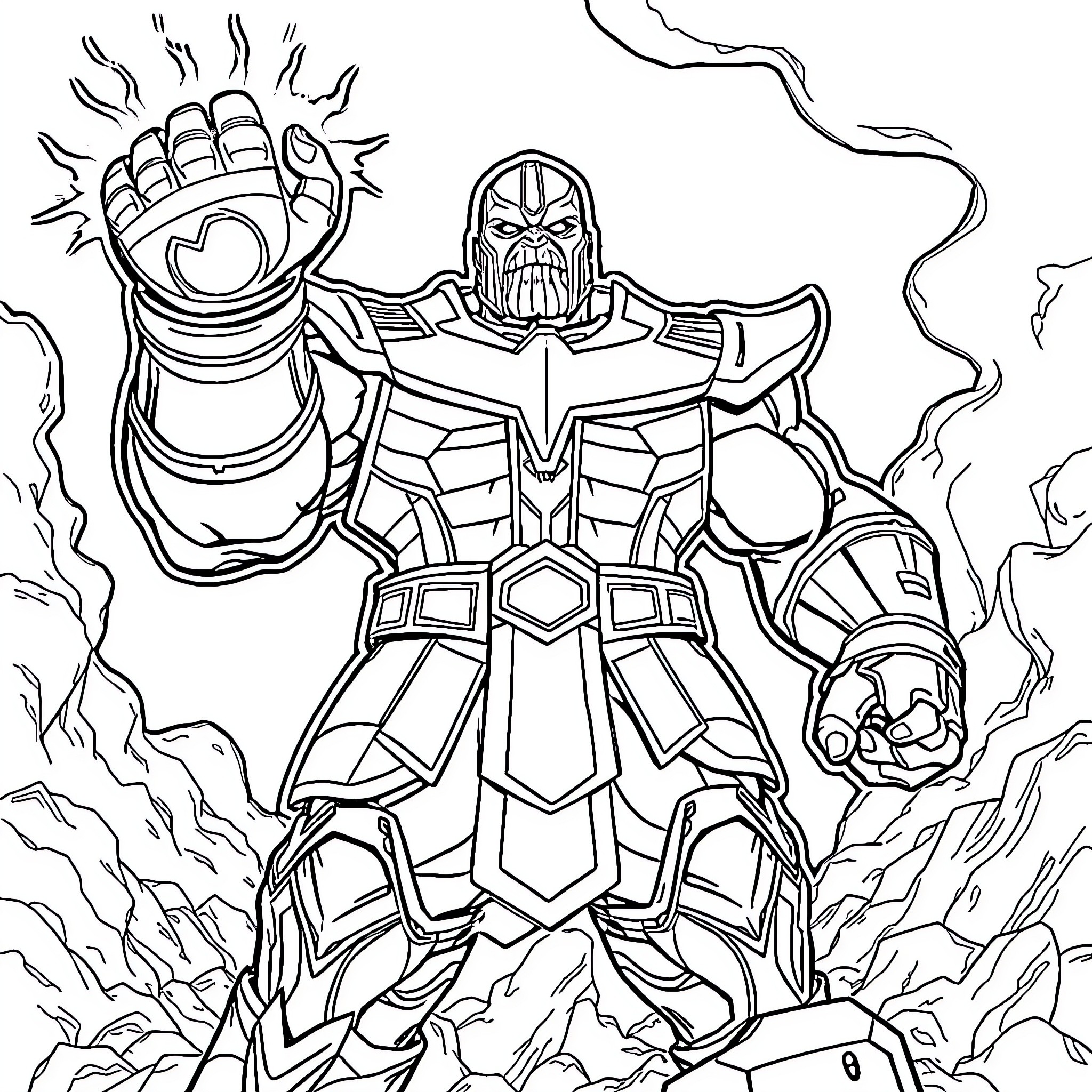 Thanos, the Intergalactic Warlord, Unleashes His Power Coloring Page (free black-and-white line drawing printable PDF for all, from beginners to advanced learners, including children, teens, adults, and seniors)