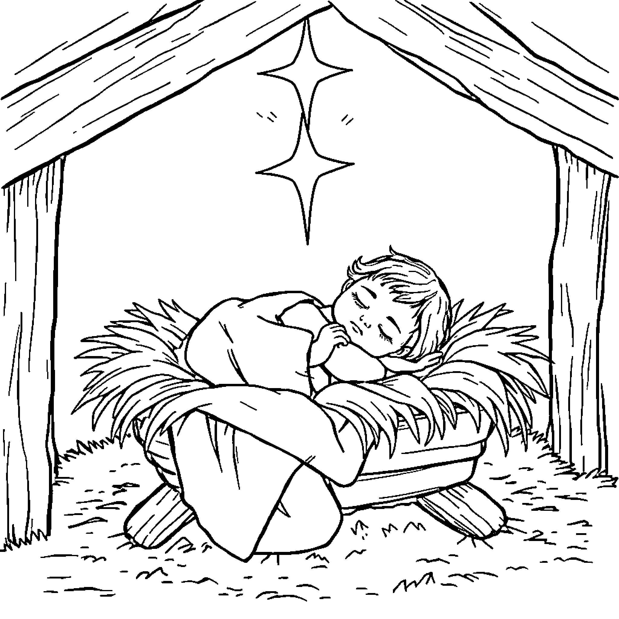 Baby Jesus sleeping peacefully in a manger Coloring Page (free black-and-white line drawing printable PDF for all, from beginners to advanced learners, including children, teens, adults, and seniors)
