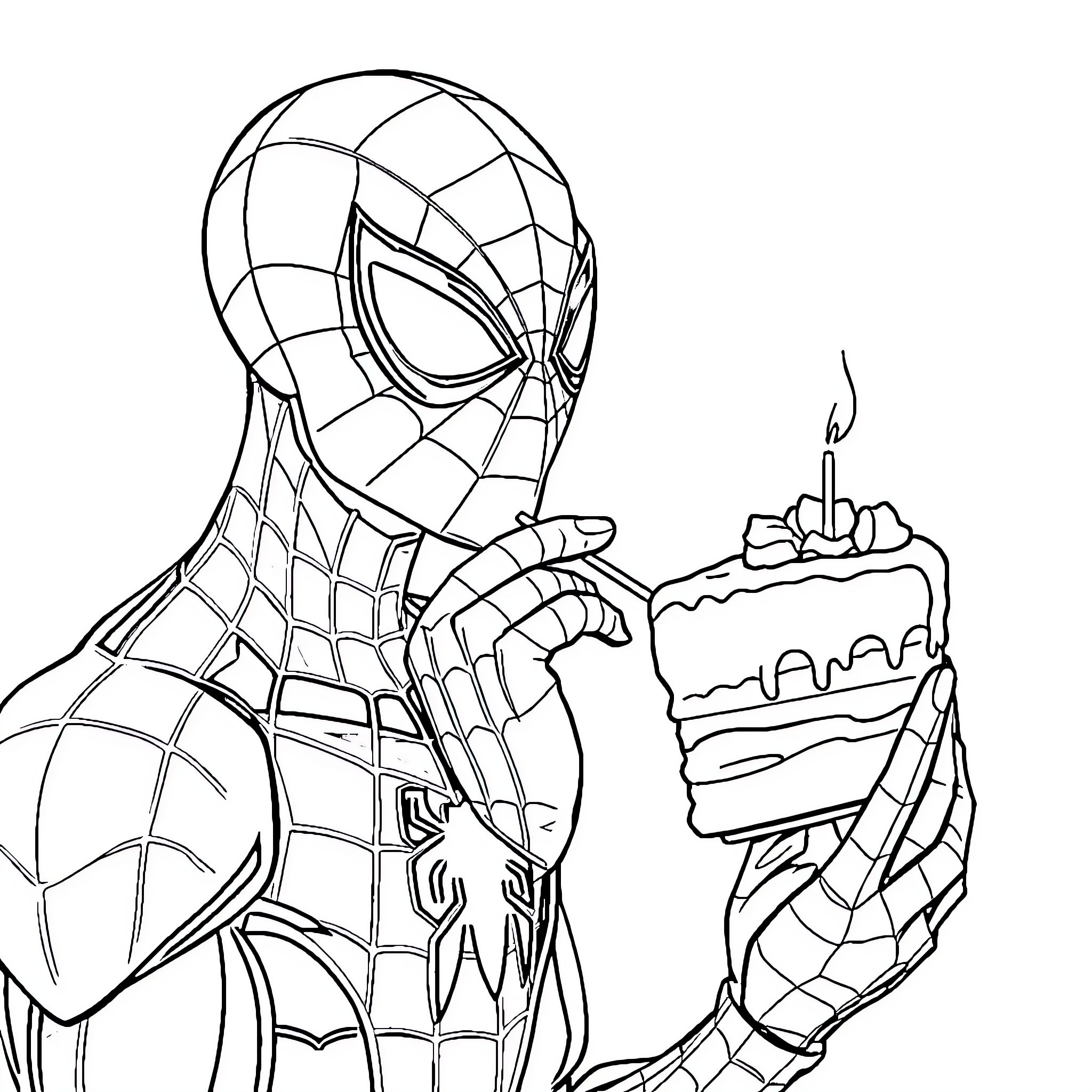 Spider-Hero holding a birthday cake Coloring Page (free black-and-white line drawing printable PDF for all, from beginners to advanced learners, including children, teens, adults, and seniors)