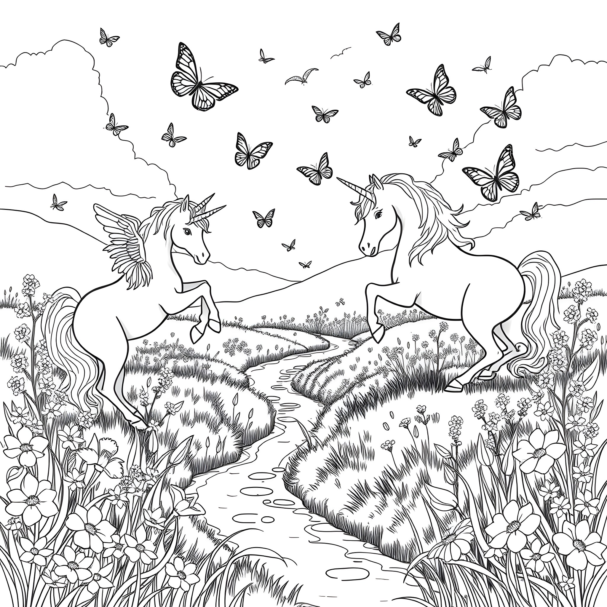 Butterfly unicorns and butterflies in a meadow Coloring Page (free black-and-white line drawing printable PDF for all, from beginners to advanced learners, including children, teens, adults, and seniors)