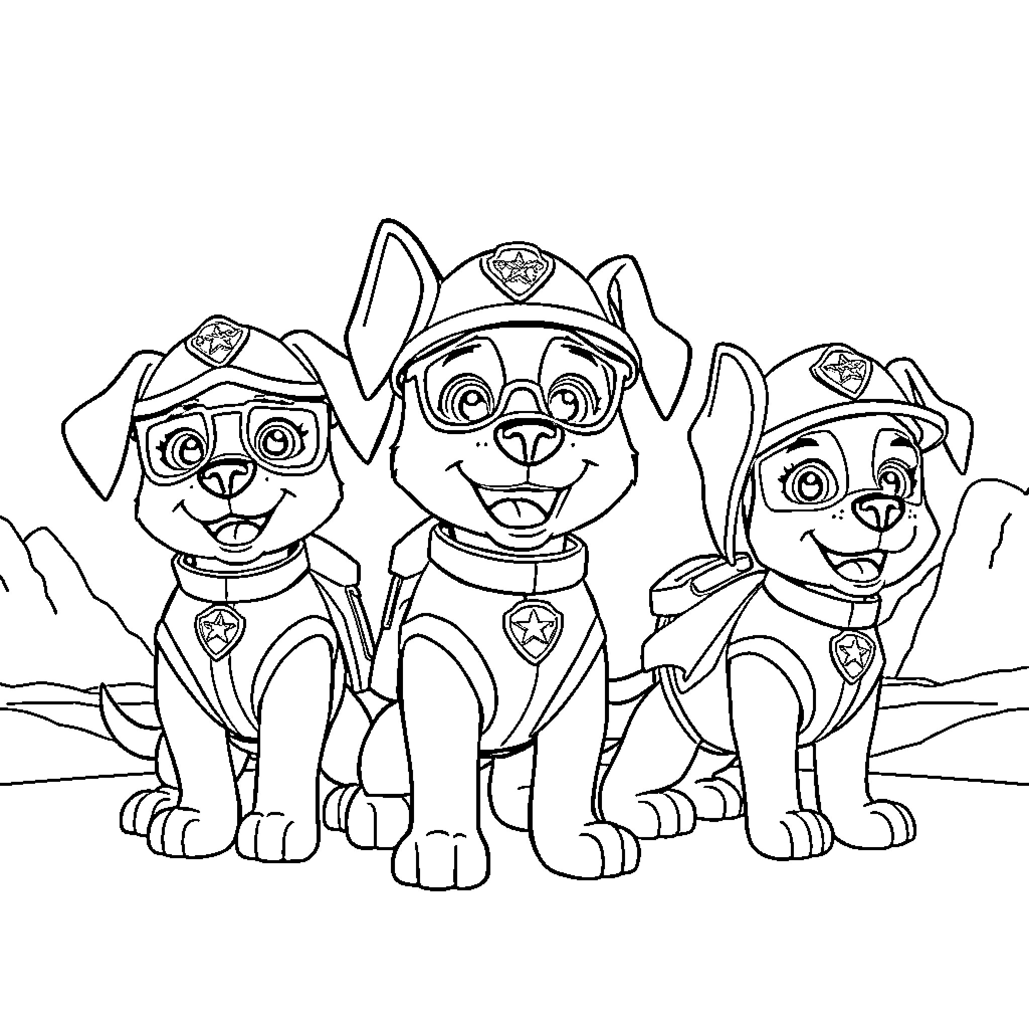 Paw Patrol pups ready for action Coloring Page (free black-and-white line drawing printable PDF for all, from beginners to advanced learners, including children, teens, adults, and seniors)