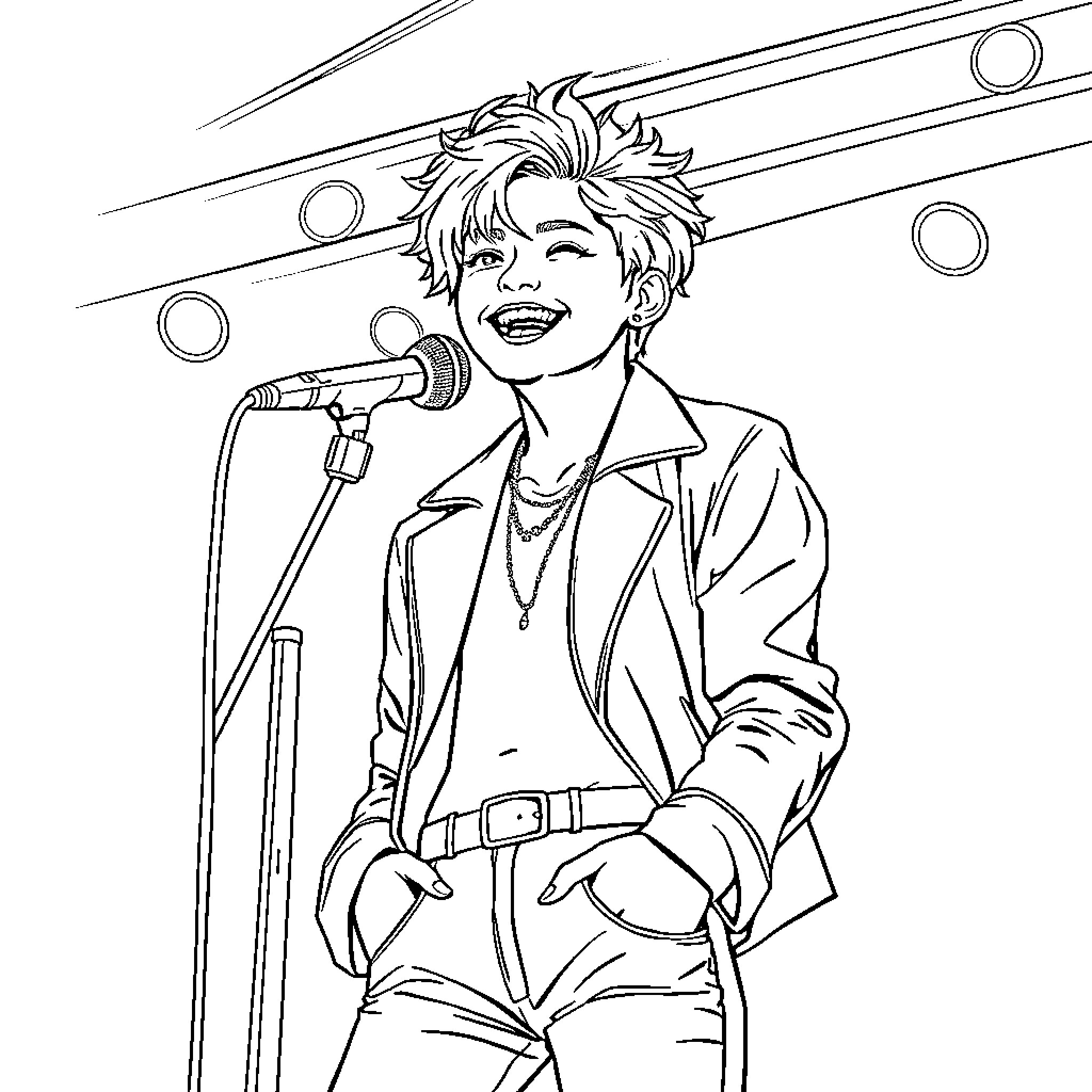 Jimin Performing on Stage with Microphone Coloring Page (free black-and-white line drawing printable PDF for all, from beginners to advanced learners, including children, teens, adults, and seniors)