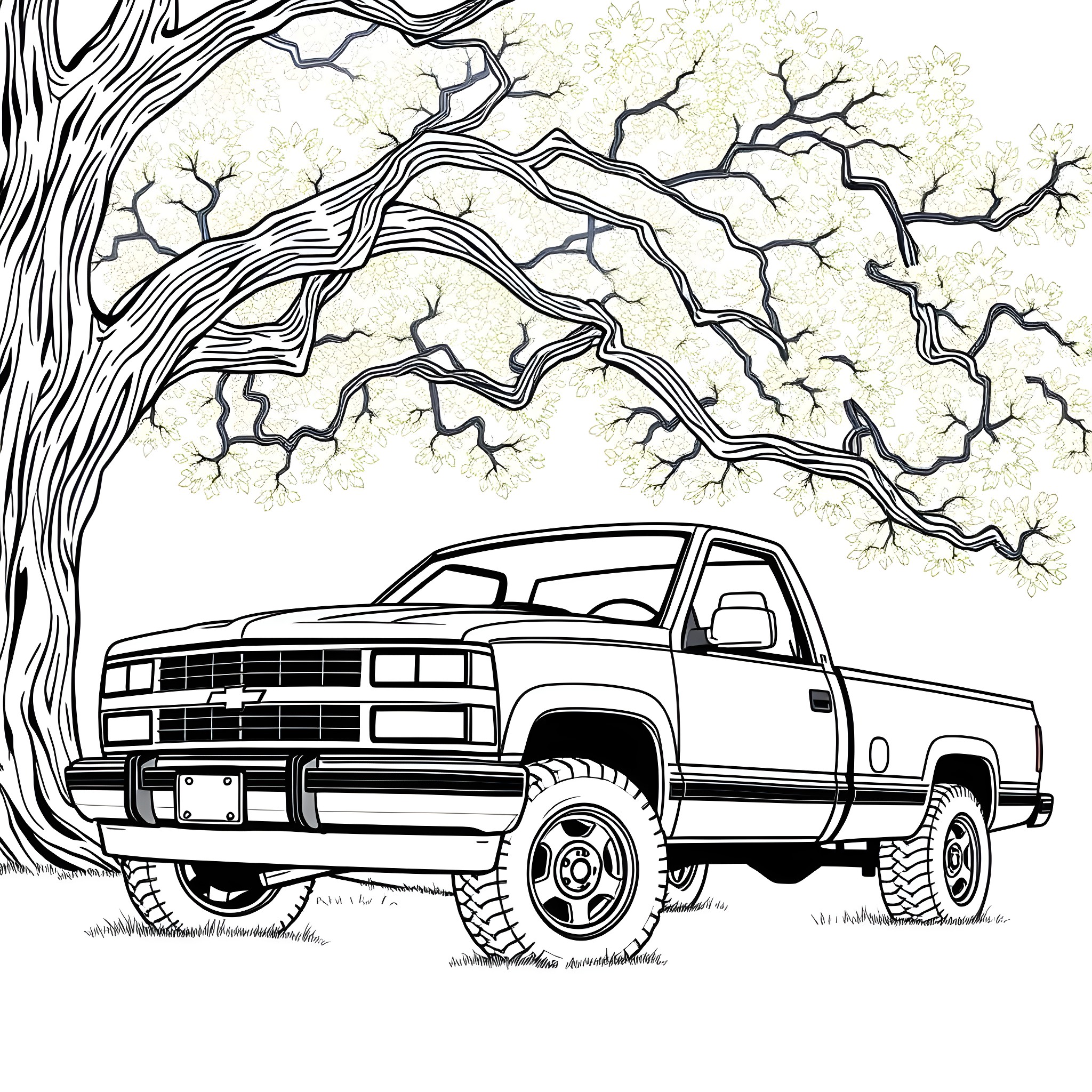 Chevy pickup truck under twisted tree branches Coloring Page (free black-and-white line drawing printable PDF for all, from beginners to advanced learners, including children, teens, adults, and seniors)