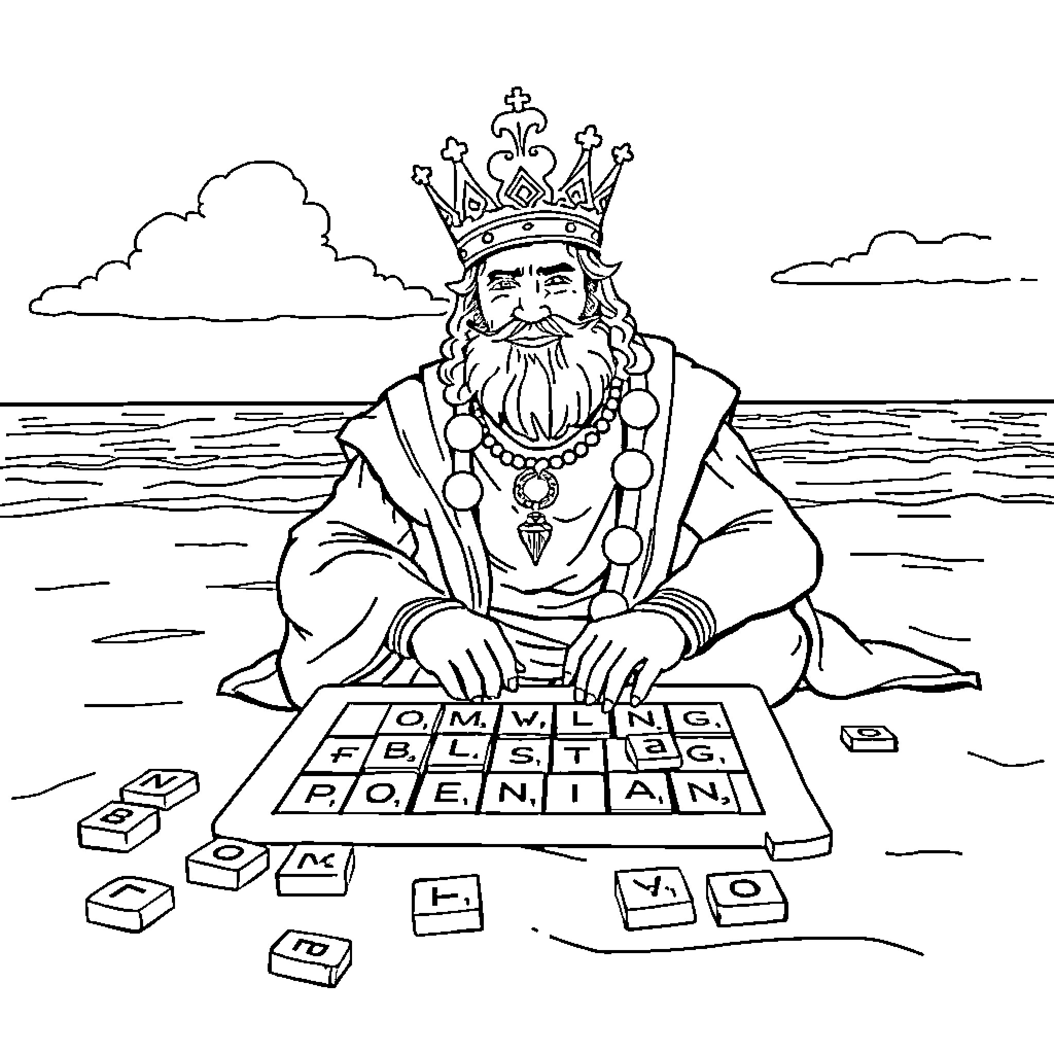 King Plays Royal Scrabble on the Shore Coloring Page (free black-and-white line drawing printable PDF for all, from beginners to advanced learners, including children, teens, adults, and seniors)