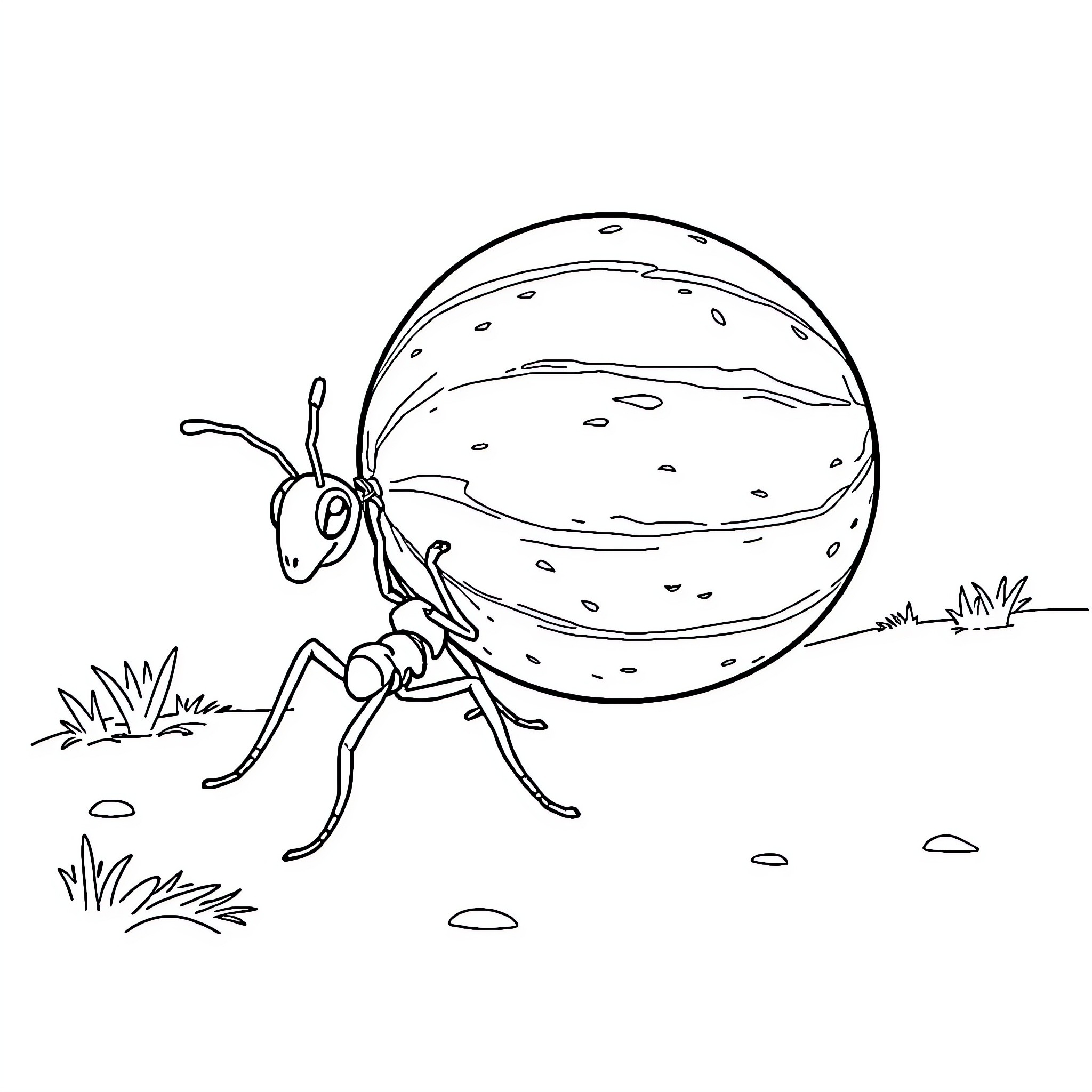 Ant rolling a large sphere across the field Coloring Page (free black-and-white line drawing printable PDF for all, from beginners to advanced learners, including children, teens, adults, and seniors)