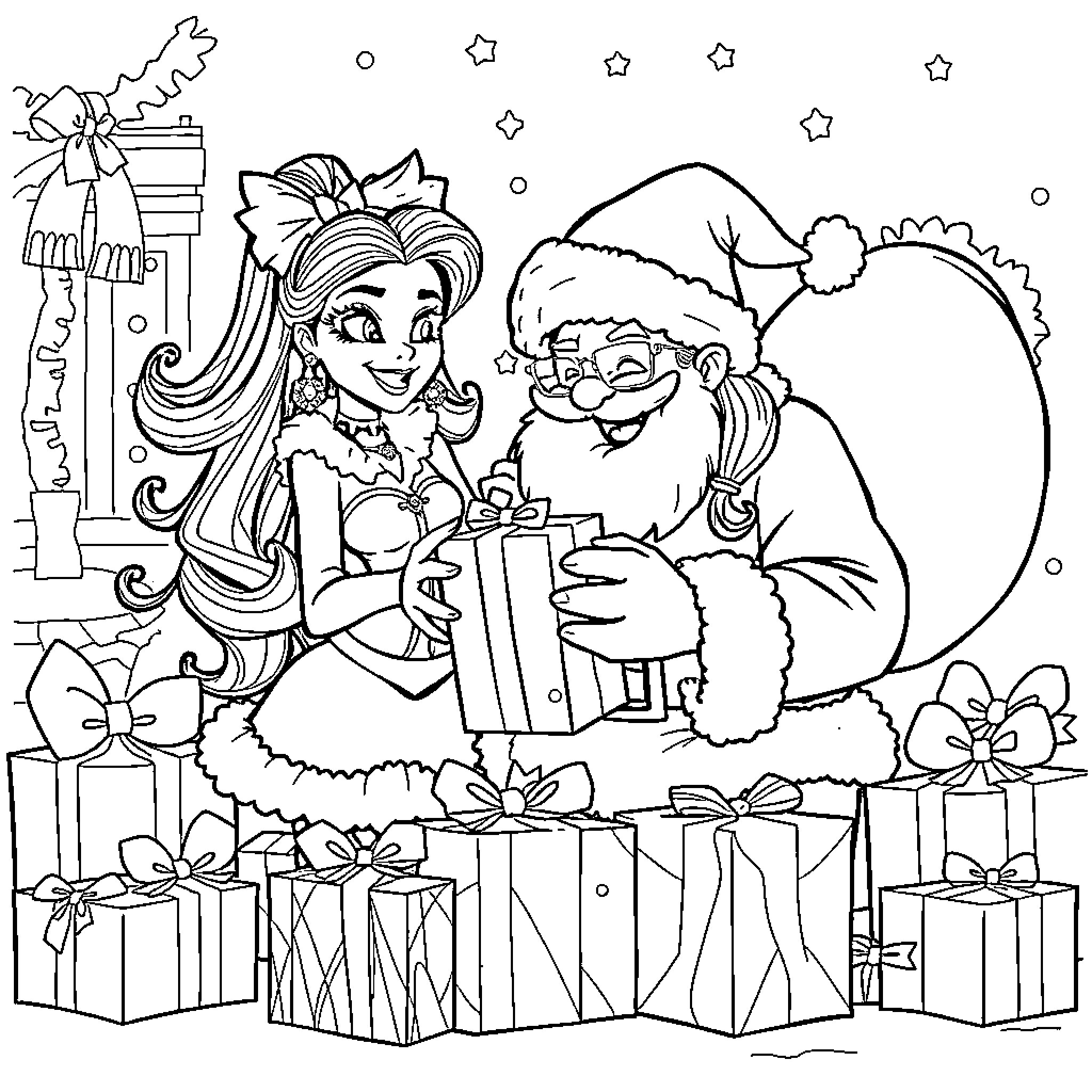 Draculaura celebrates the holidays with Santa Coloring Page (free black-and-white line drawing printable PDF for all, from beginners to advanced learners, including children, teens, adults, and seniors)