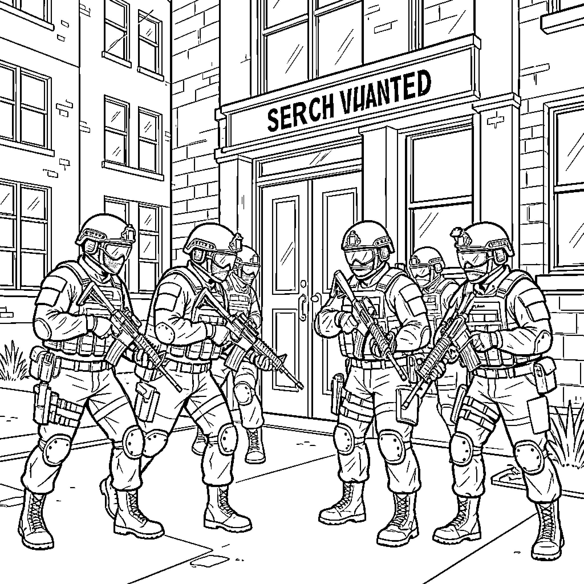 Swat team members approaching a building entrance Coloring Page (free black-and-white line drawing printable PDF for all, from beginners to advanced learners, including children, teens, adults, and seniors)
