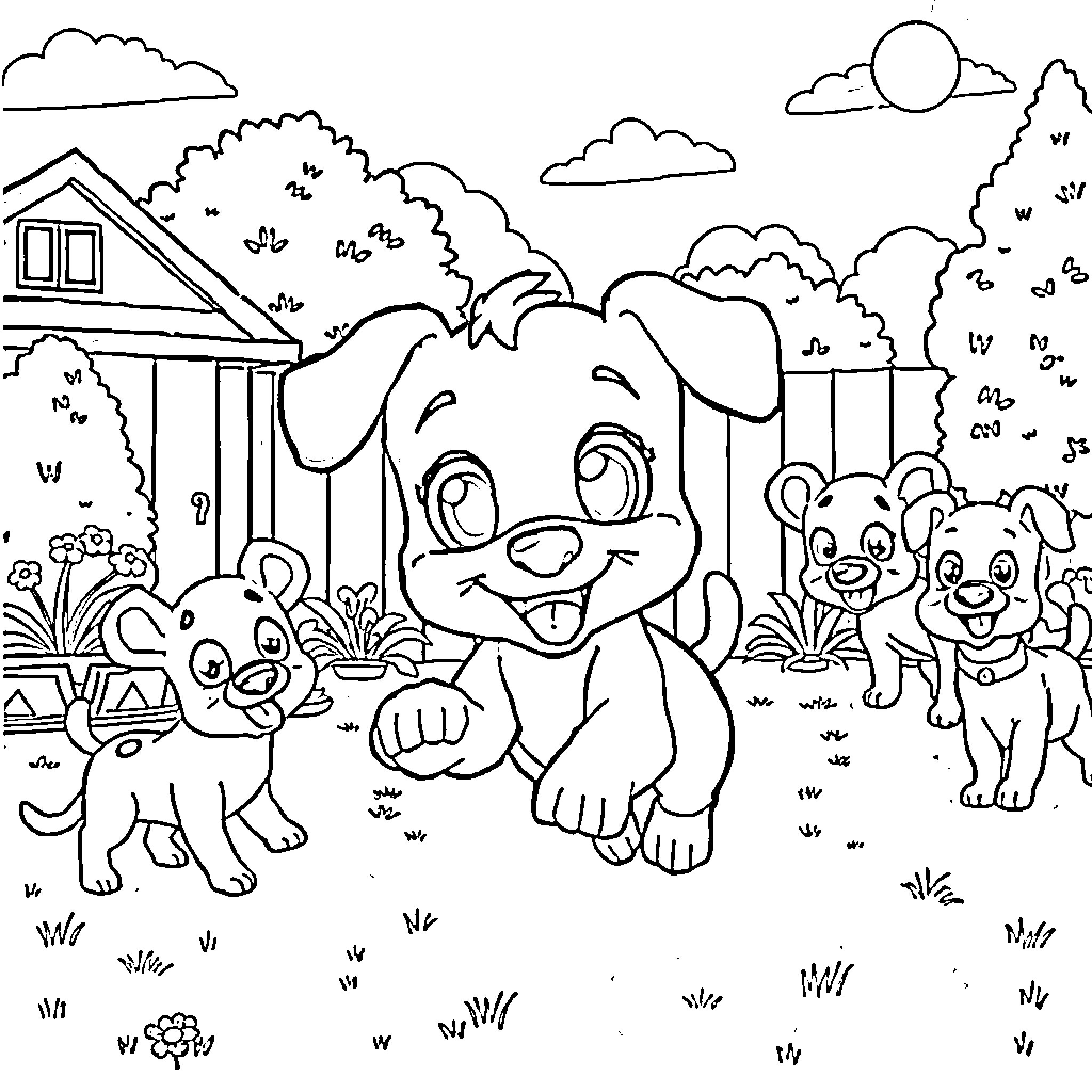 Bluey and friends enjoy a playful outdoor adventure Coloring Page (free black-and-white line drawing printable PDF for all, from beginners to advanced learners, including children, teens, adults, and seniors)