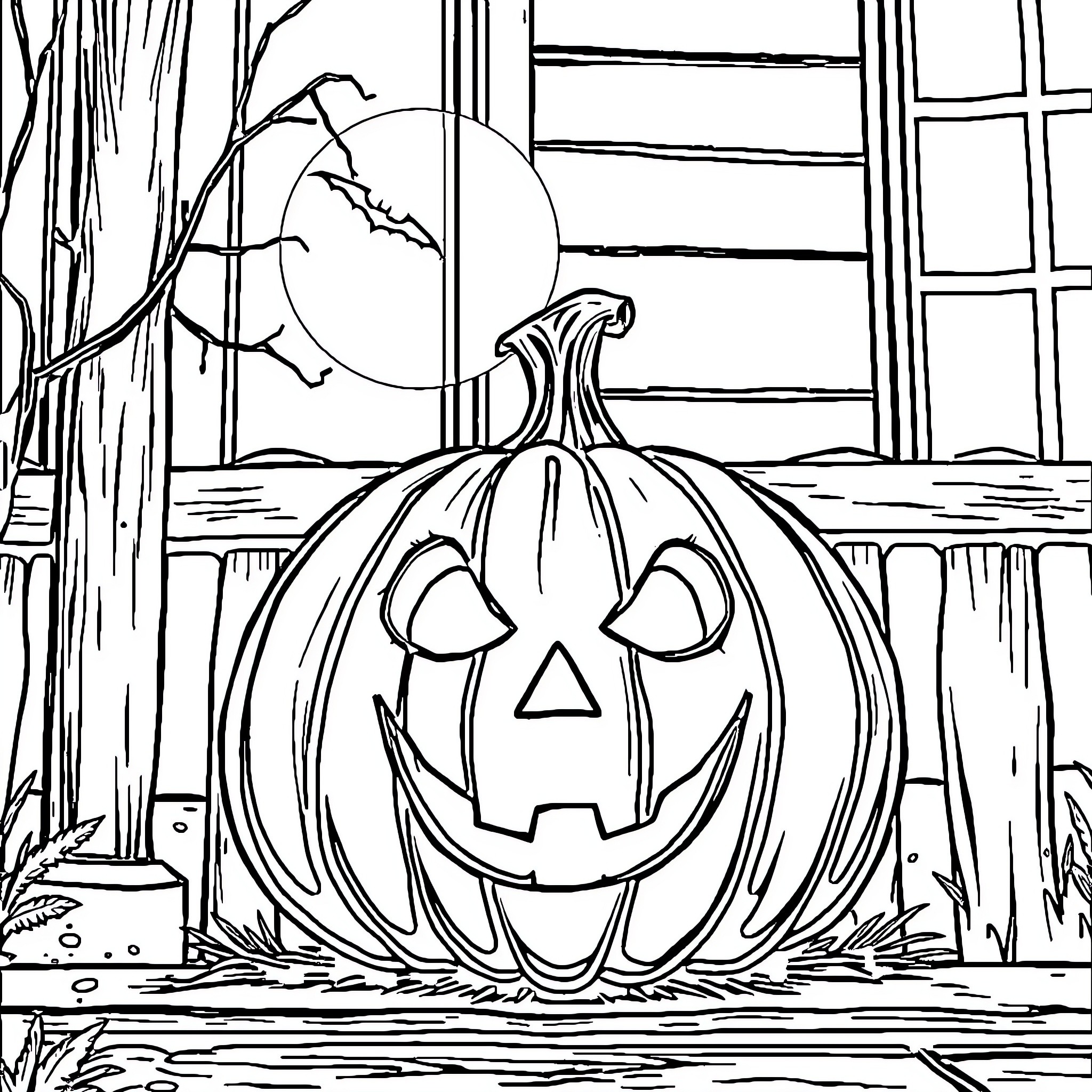 Pumpkin lantern glowing on windowsill in Halloween night Coloring Page (free black-and-white line drawing printable PDF for all, from beginners to advanced learners, including children, teens, adults, and seniors)