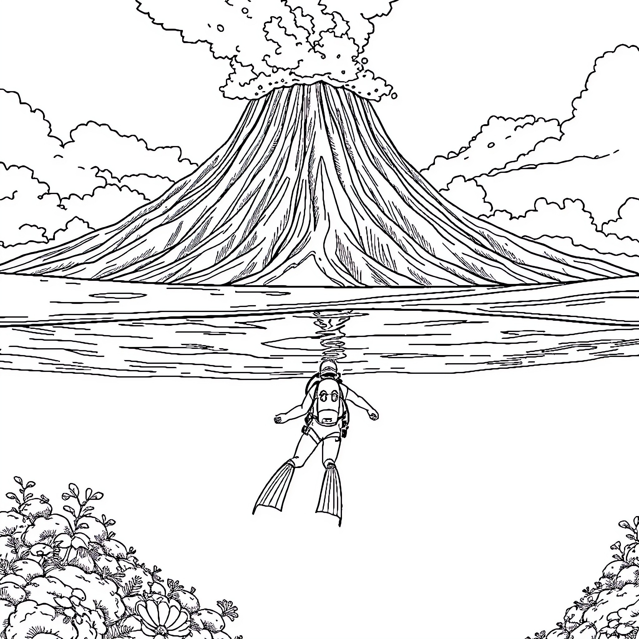 Scuba Diver exploring volcanic landscape underwater Coloring Page (free black-and-white line drawing printable PDF for all, from beginners to advanced learners, including children, teens, adults, and seniors)