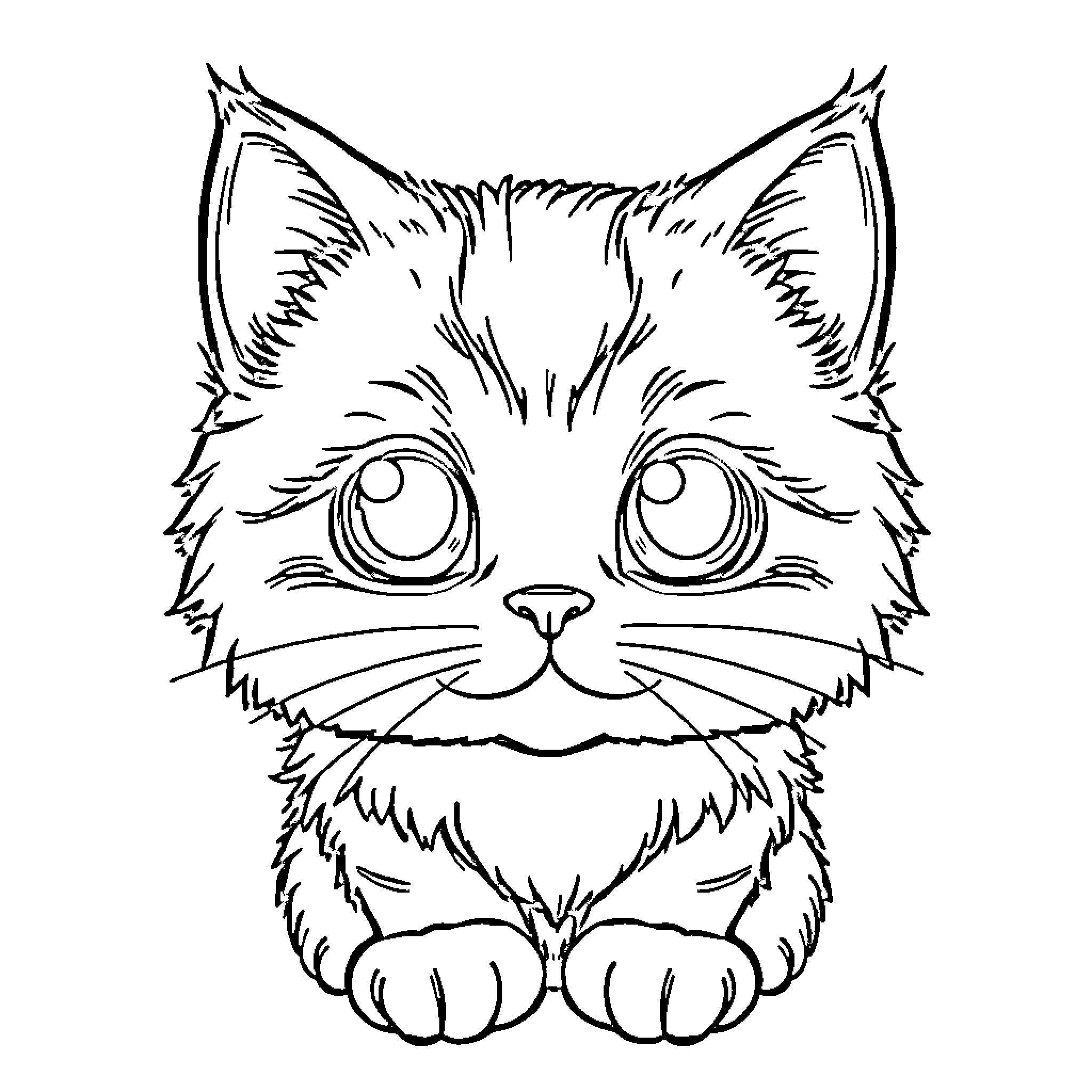 Cat with Expressive Eyes and Fur Coloring Page (free black-and-white line drawing printable PDF for all, from beginners to advanced learners, including children, teens, adults, and seniors)