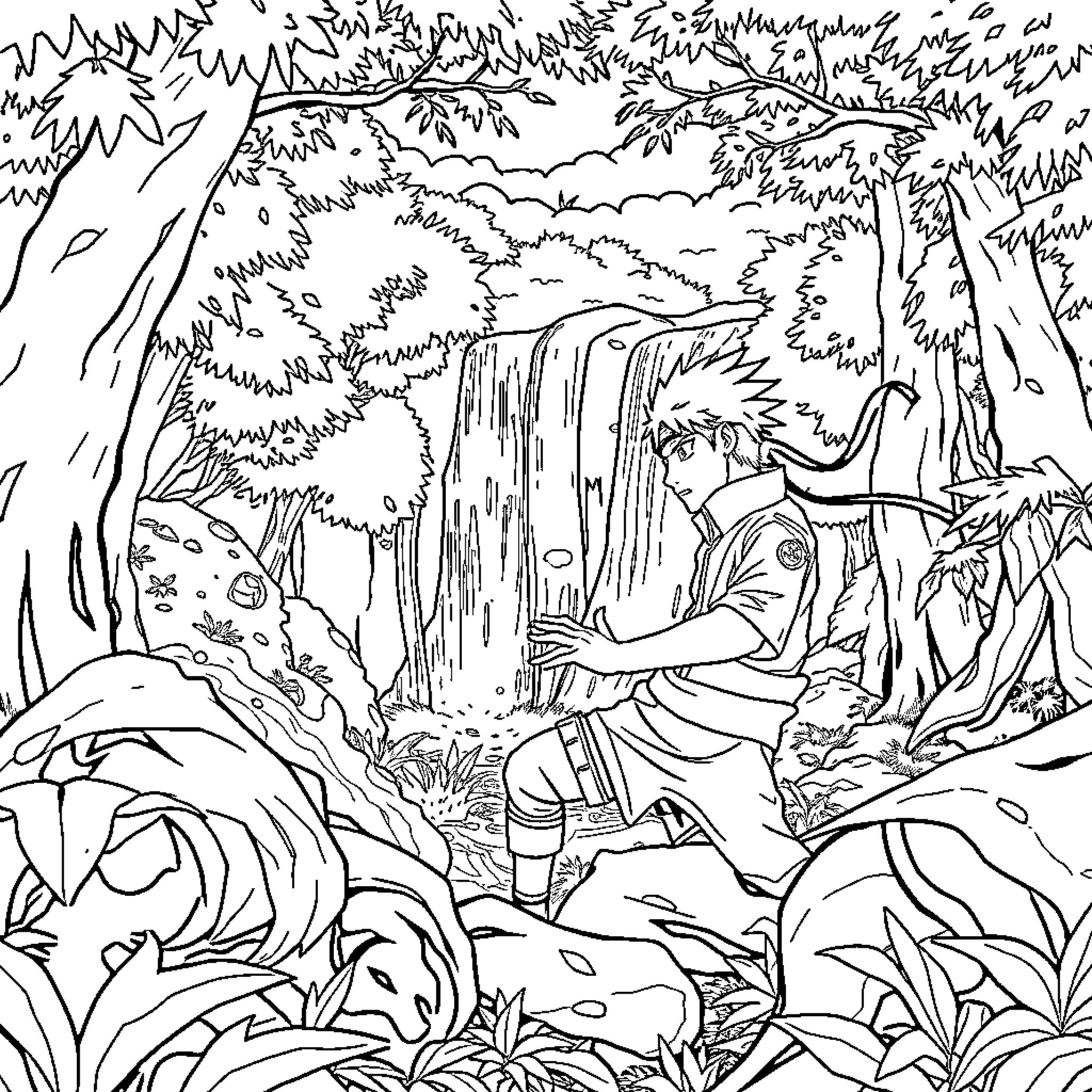 Naruto exploring the mystical forest waterfall Coloring Page (free black-and-white line drawing printable PDF for all, from beginners to advanced learners, including children, teens, adults, and seniors)