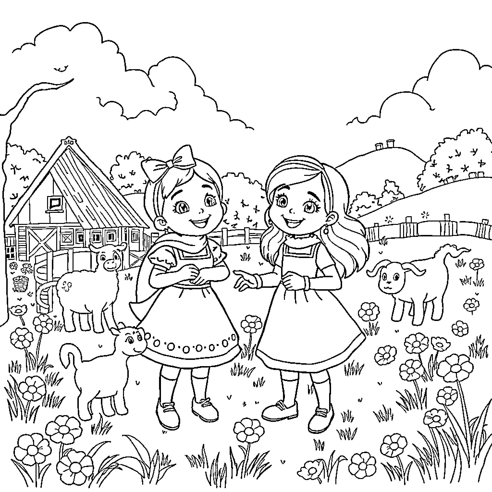Bibi's Countryside Adventure with Friends Coloring Page (free black-and-white line drawing printable PDF for all, from beginners to advanced learners, including children, teens, adults, and seniors)