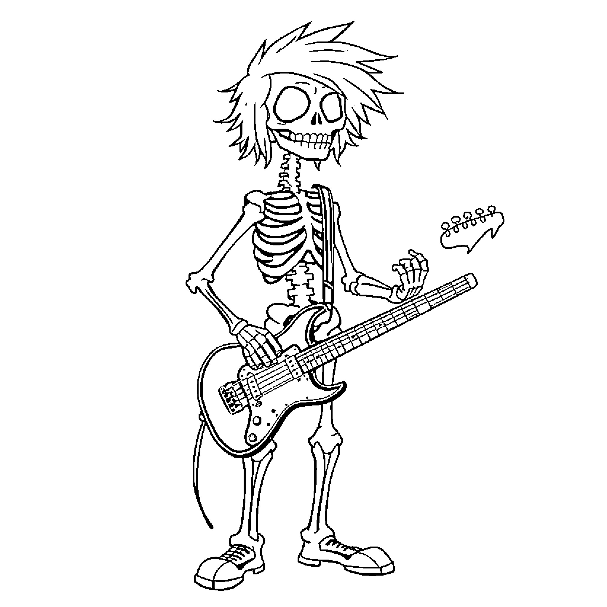 Scott Pilgrim rocking out with his skeleton guitar Coloring Page (free black-and-white line drawing printable PDF for all, from beginners to advanced learners, including children, teens, adults, and seniors)