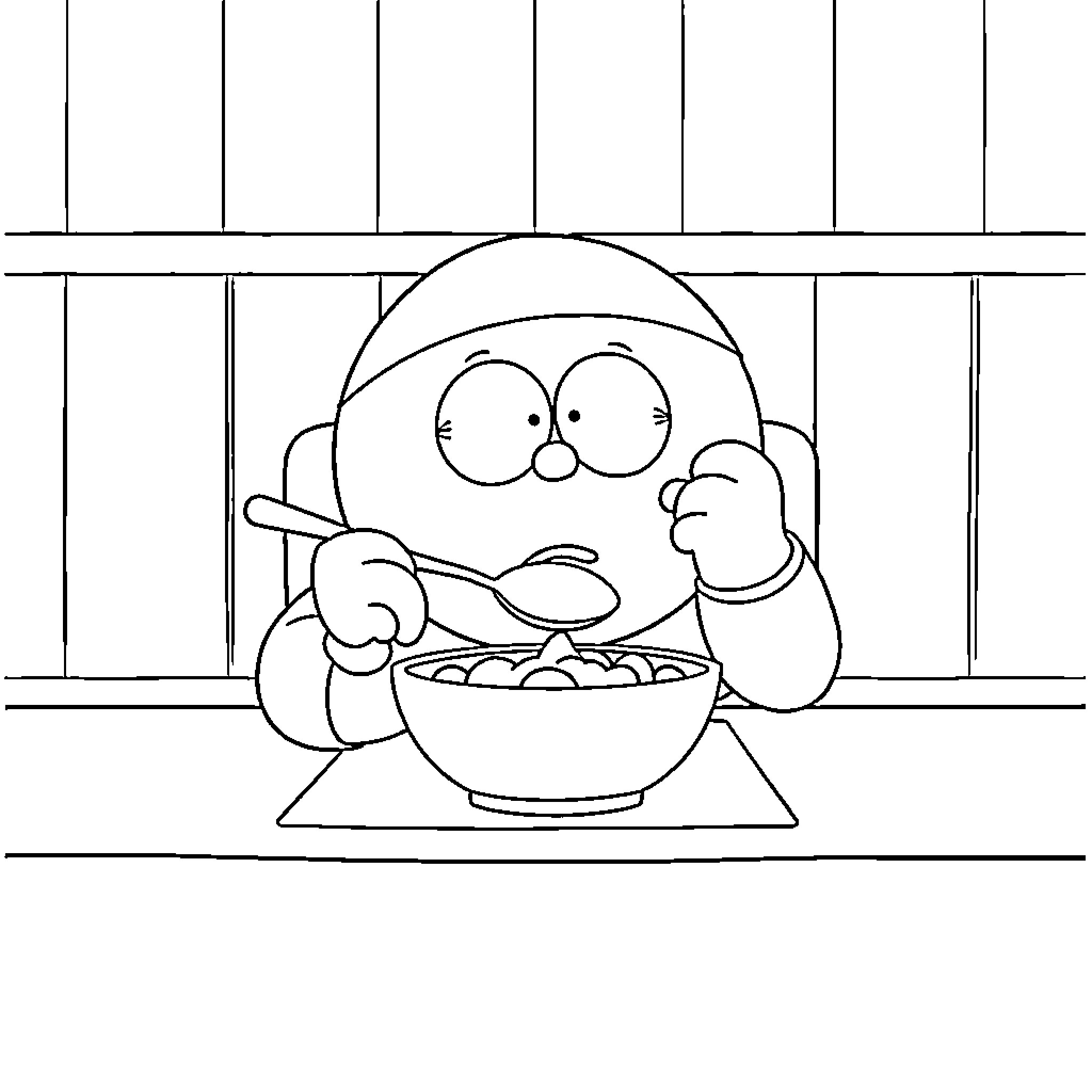 Cartman enjoying a meal with a happy expression Coloring Page (free black-and-white line drawing printable PDF for all, from beginners to advanced learners, including children, teens, adults, and seniors)
