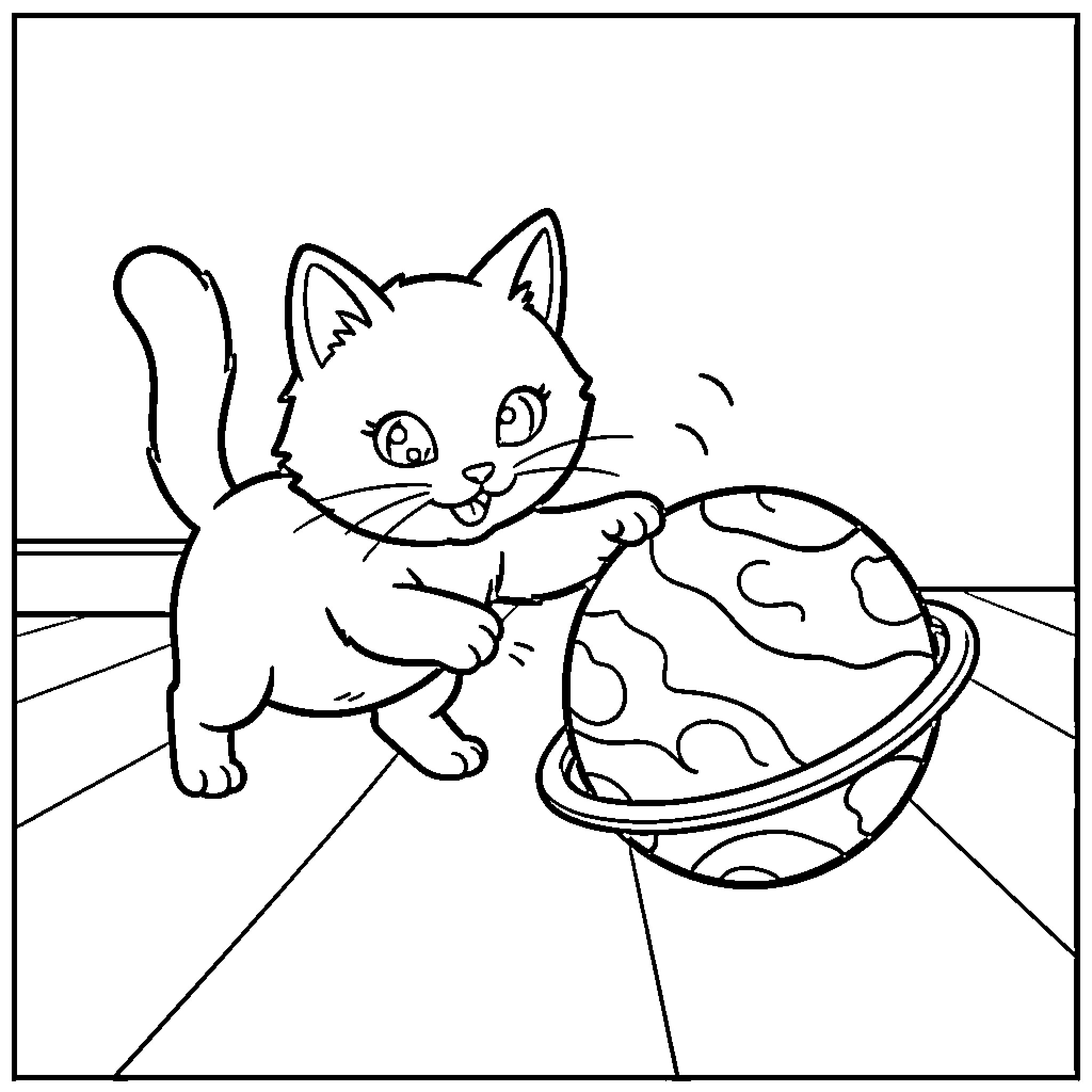 Cat playing with patterned ball Coloring Page (free black-and-white line drawing printable PDF for all, from beginners to advanced learners, including children, teens, adults, and seniors)