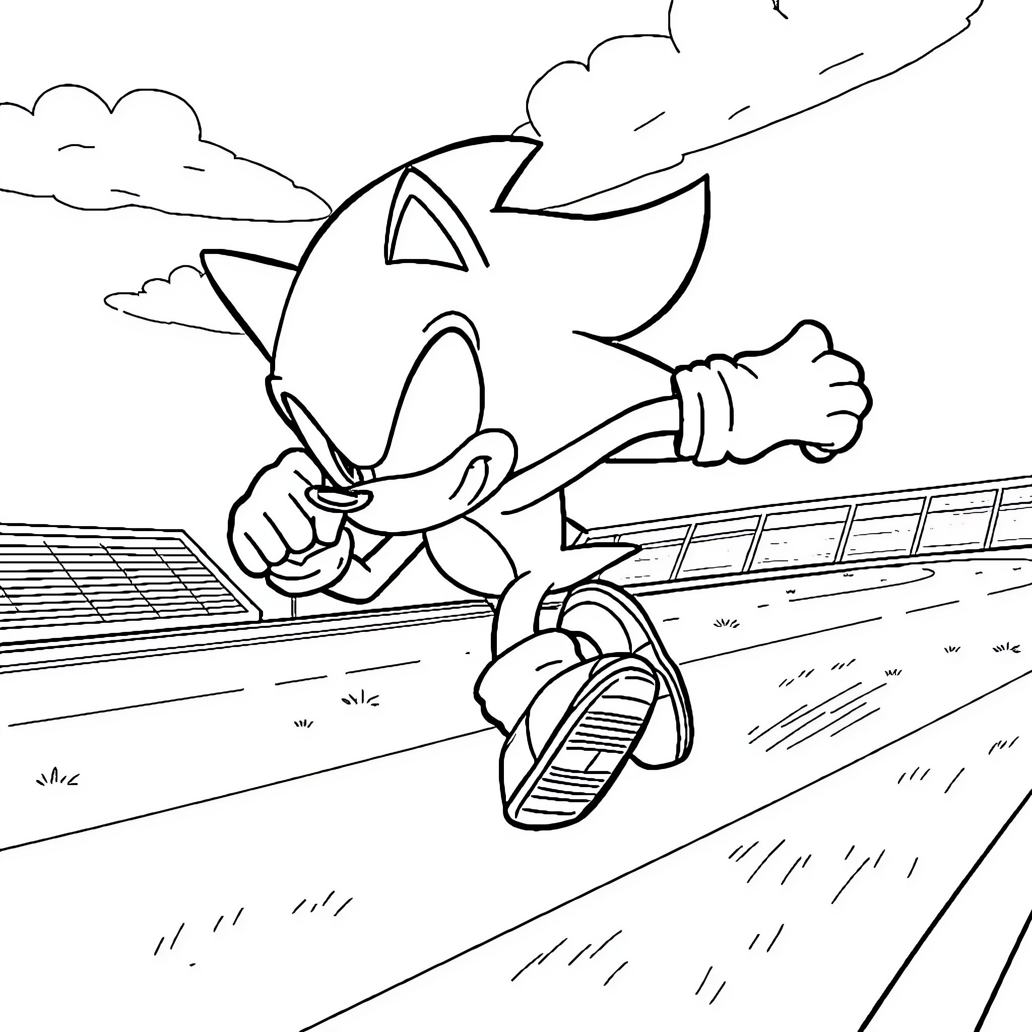 Shadow Sprinting Down the Road Coloring Page (free black-and-white line drawing printable PDF for all, from beginners to advanced learners, including children, teens, adults, and seniors)