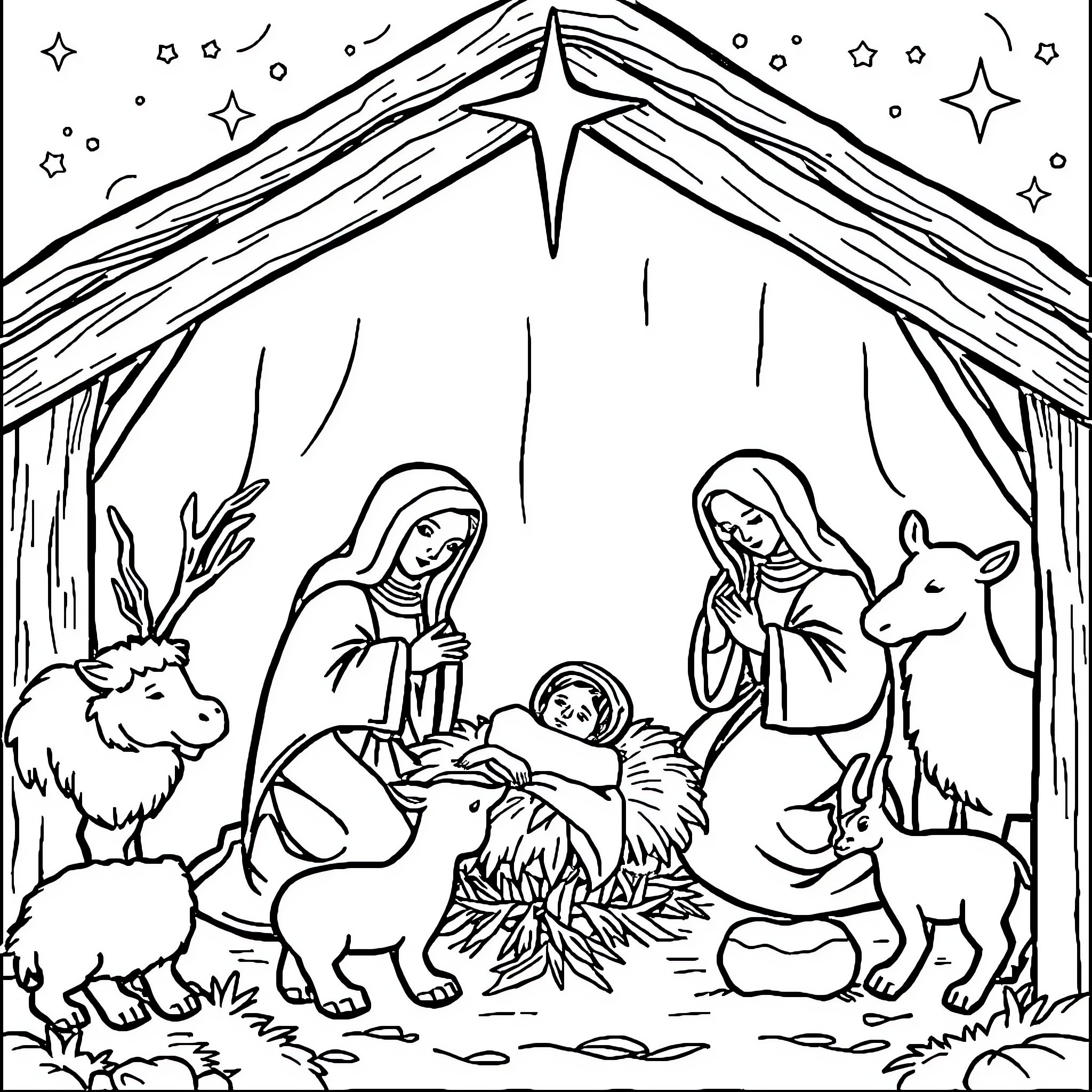 Nativity scene with baby Jesus, Mary, and animals Coloring Page (free black-and-white line drawing printable PDF for all, from beginners to advanced learners, including children, teens, adults, and seniors)