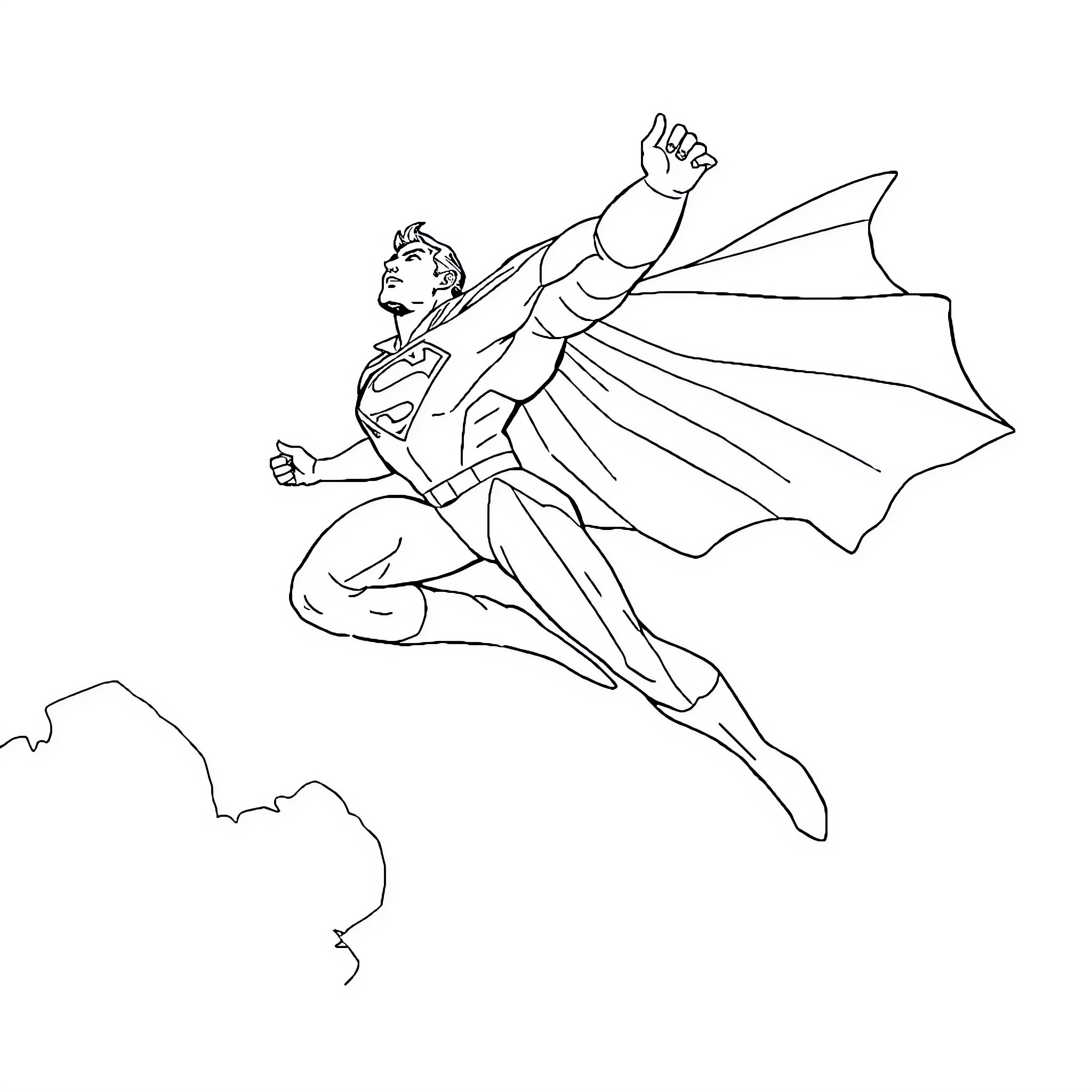 Superman soaring heroically through the sky Coloring Page (free black-and-white line drawing printable PDF for all, from beginners to advanced learners, including children, teens, adults, and seniors)