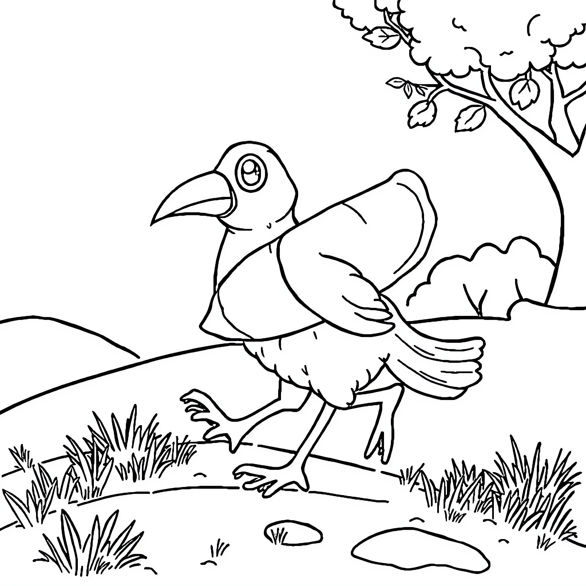 Pez Curious Bird Explores Nature's Wonders Coloring Page (free black-and-white line drawing printable PDF for all, from beginners to advanced learners, including children, teens, adults, and seniors)